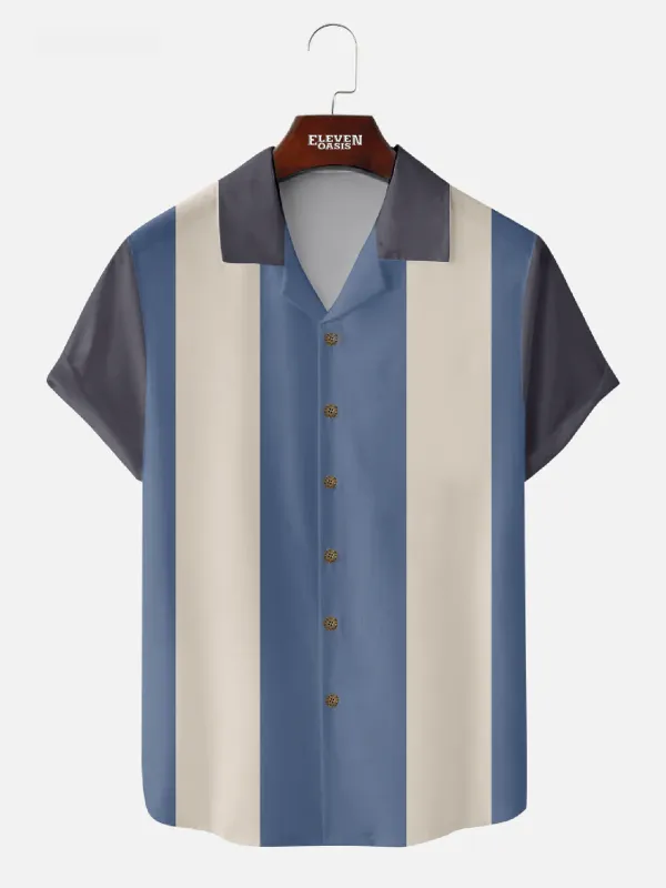 Men's Morandi Color block Panel Stripe Camp Collar Short Sleeve Shirt made by Eleven Oasis