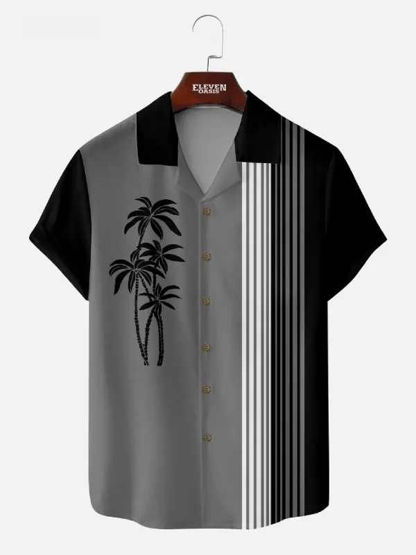 Men's Palm Trees Panel Striped Bowling Camp Collar Short Sleeve Shirt sold by Eleven Oasis