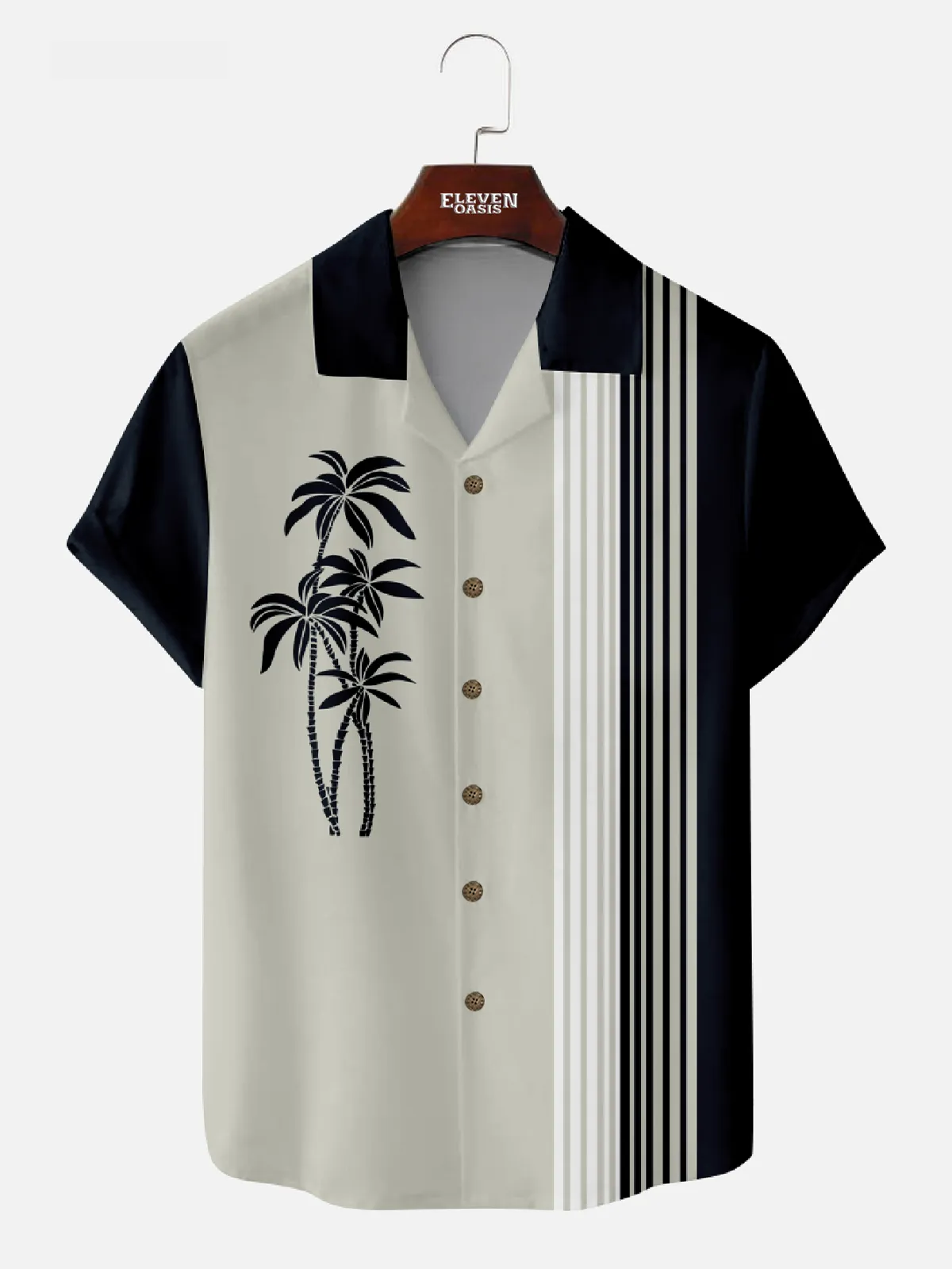 Men's Palm Trees Panel Striped Bowling Camp Collar Short Sleeve Shirt sold by Eleven Oasis product image thumbnail 4