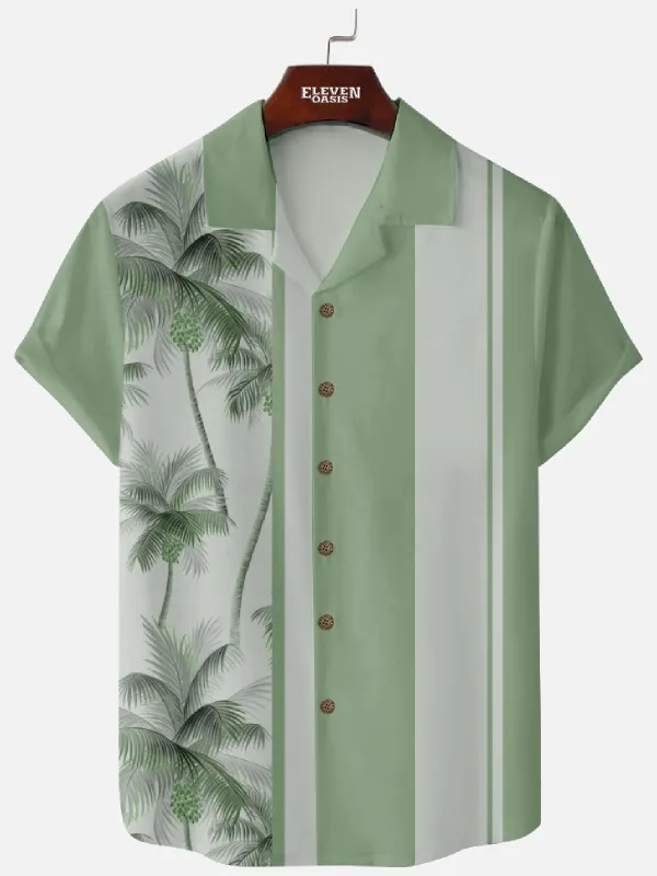 Men's Palm Tree Panel Stripe Hawaiian Camp Collar Short Sleeve Shirt sold by Eleven Oasis