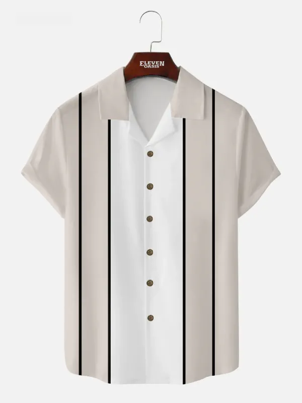 Men's Vintage Oatmeal White Panel Stripe Camp Collar Shirt sold by Eleven Oasis