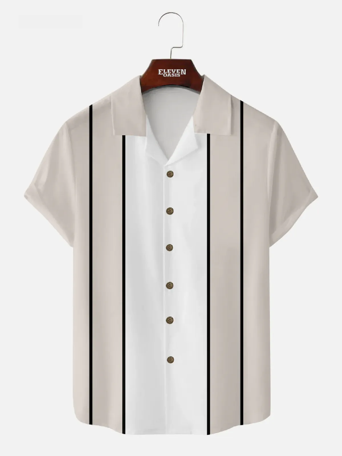 Men's Vintage Oatmeal White Panel Stripe Camp Collar Shirt sold by Eleven Oasis