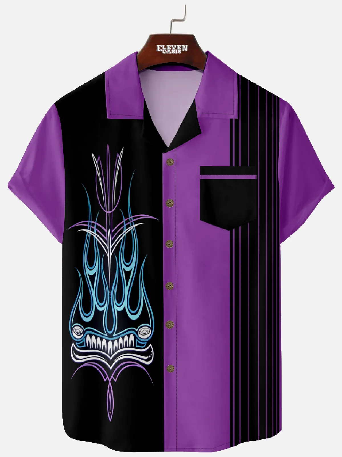 Men's Red Flame Skull Pinstripe Short Sleeve Shirt sold by Eleven Oasis product image thumbnail 2