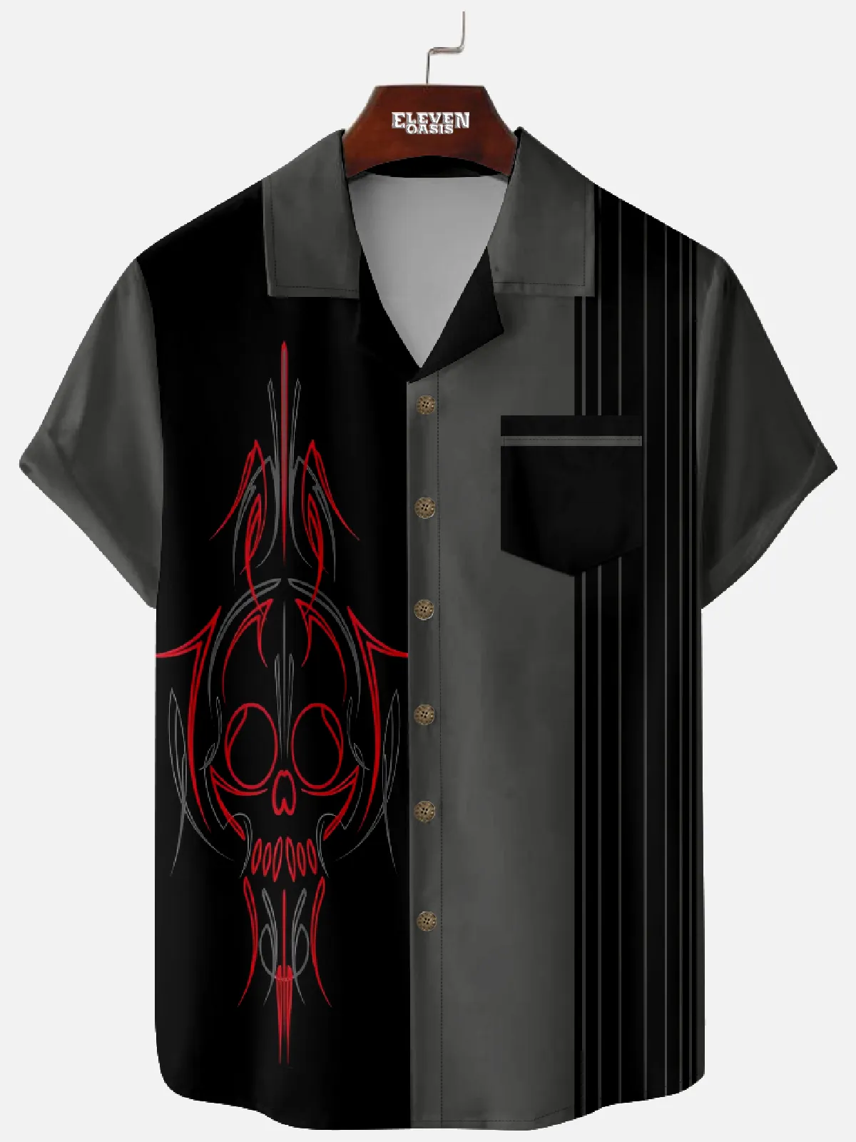 Men's Red Flame Skull Pinstripe Short Sleeve Shirt sold by Eleven Oasis