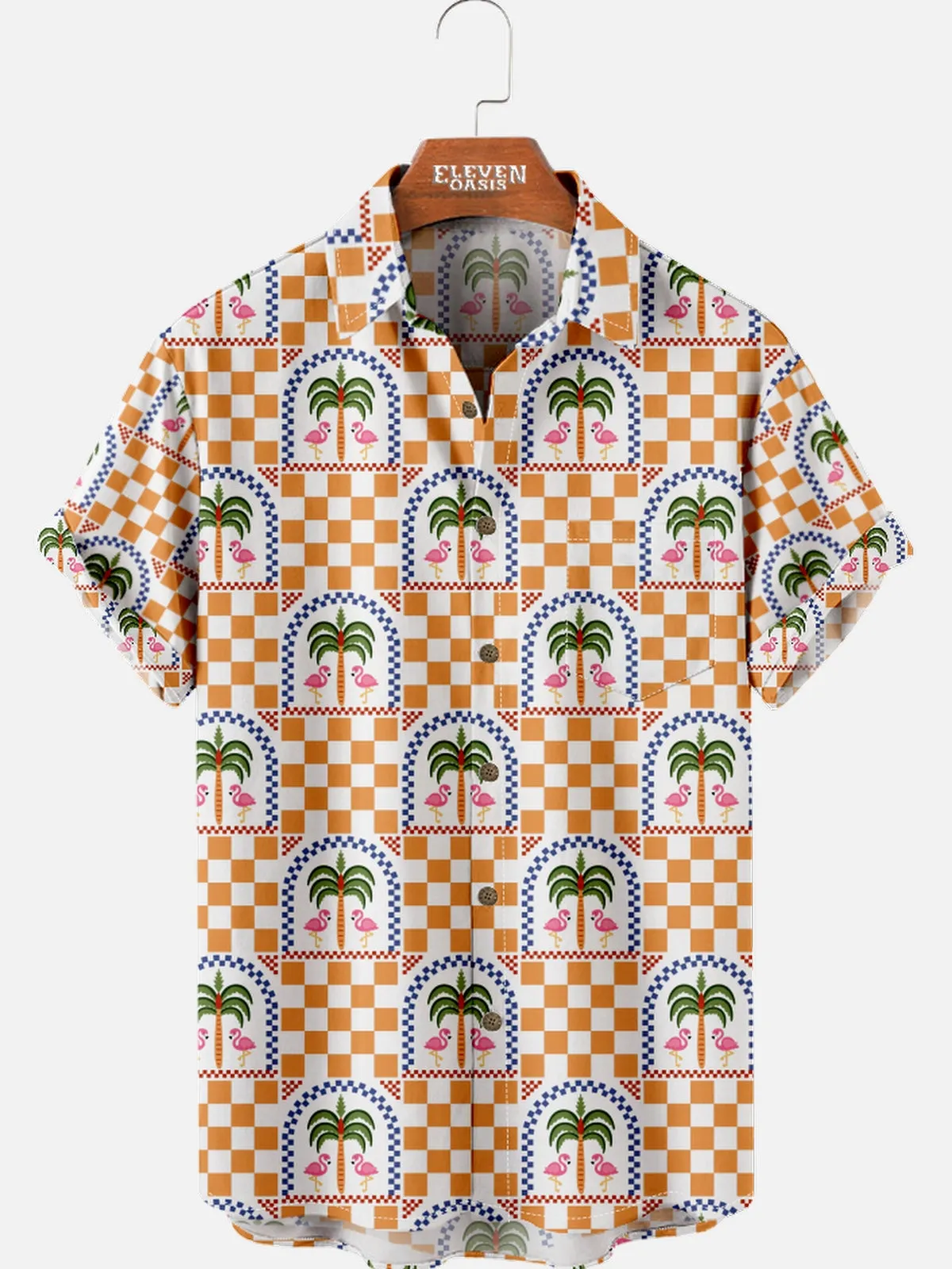 Men's Flamingo Checkerboard Hawaiian Short Sleeve Shirt sold by Eleven Oasis