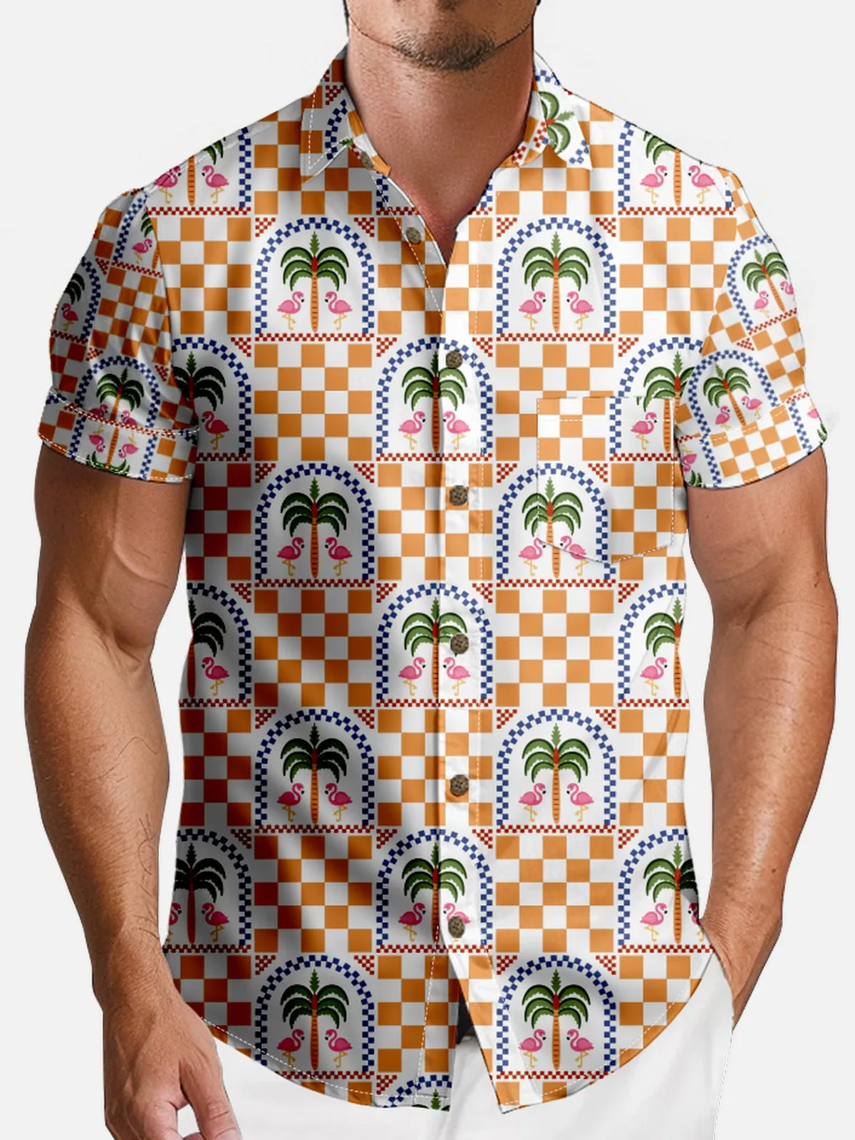 Men's Flamingo Checkerboard Hawaiian Short Sleeve Shirt sold by Eleven Oasis product image thumbnail 3