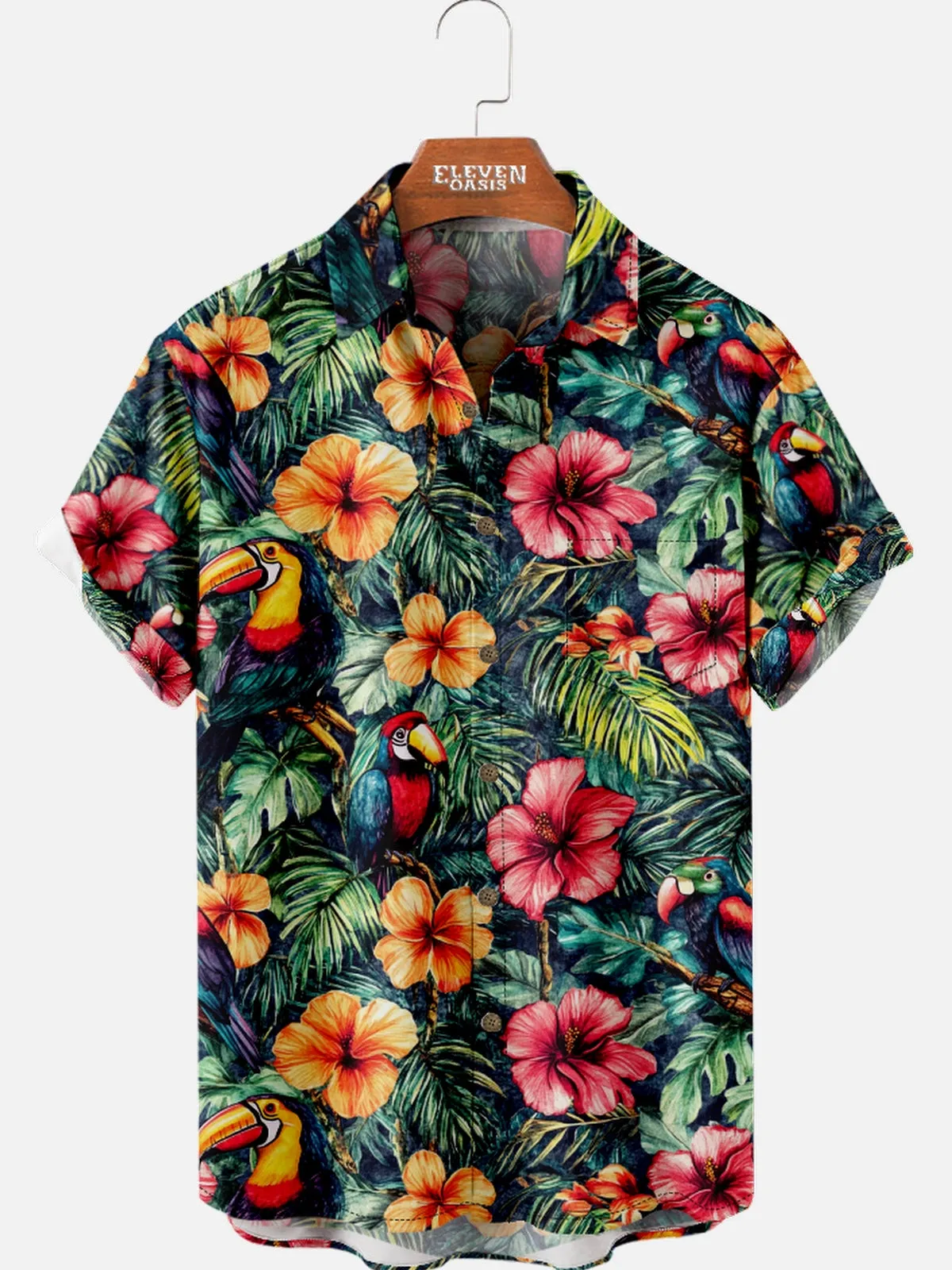 Men's Hawaiian Tropical Toucan And Floral Short Sleeve Shirt sold by Eleven Oasis