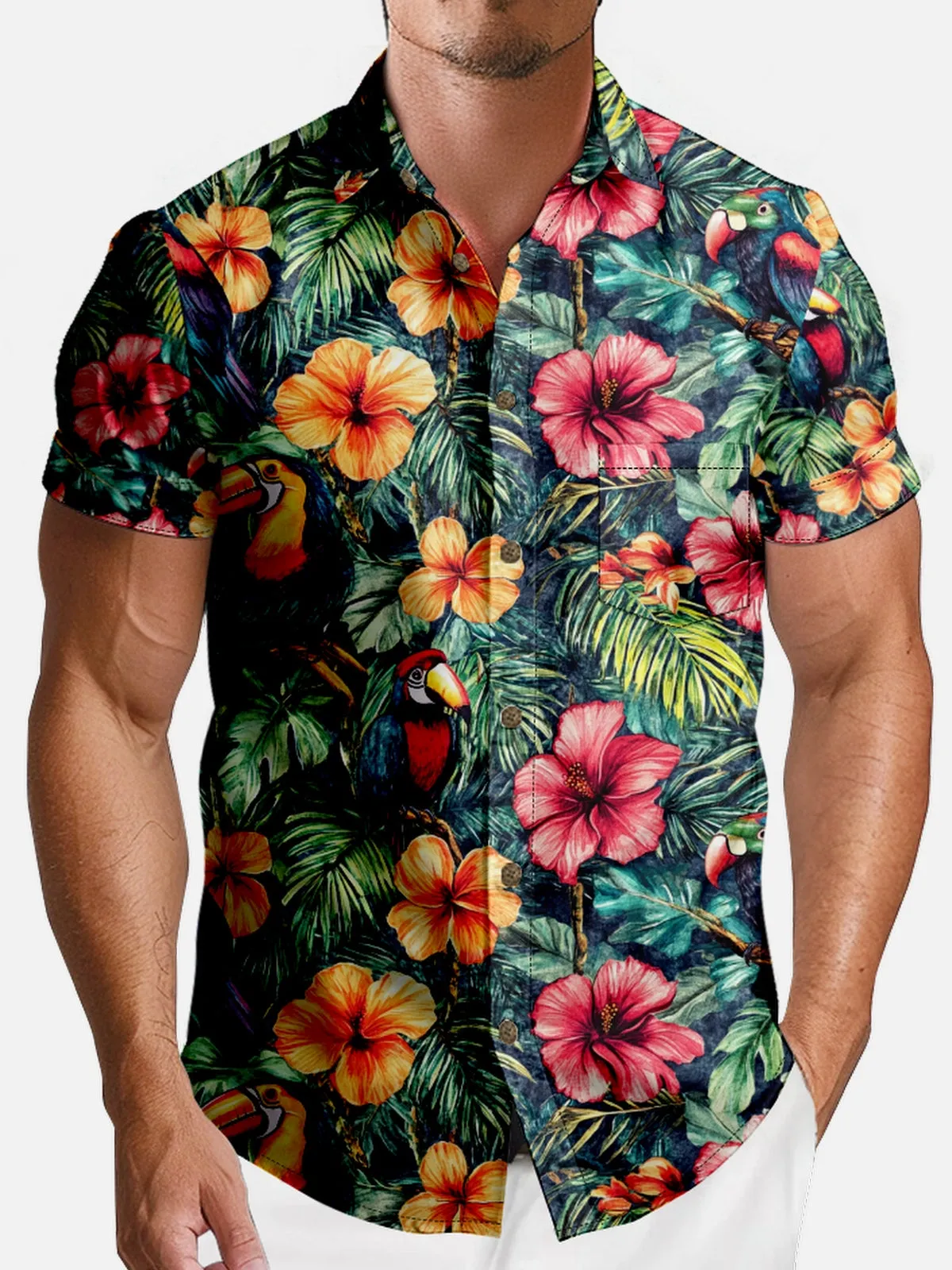 Men's Hawaiian Tropical Toucan And Floral Short Sleeve Shirt sold by Eleven Oasis product image thumbnail 3