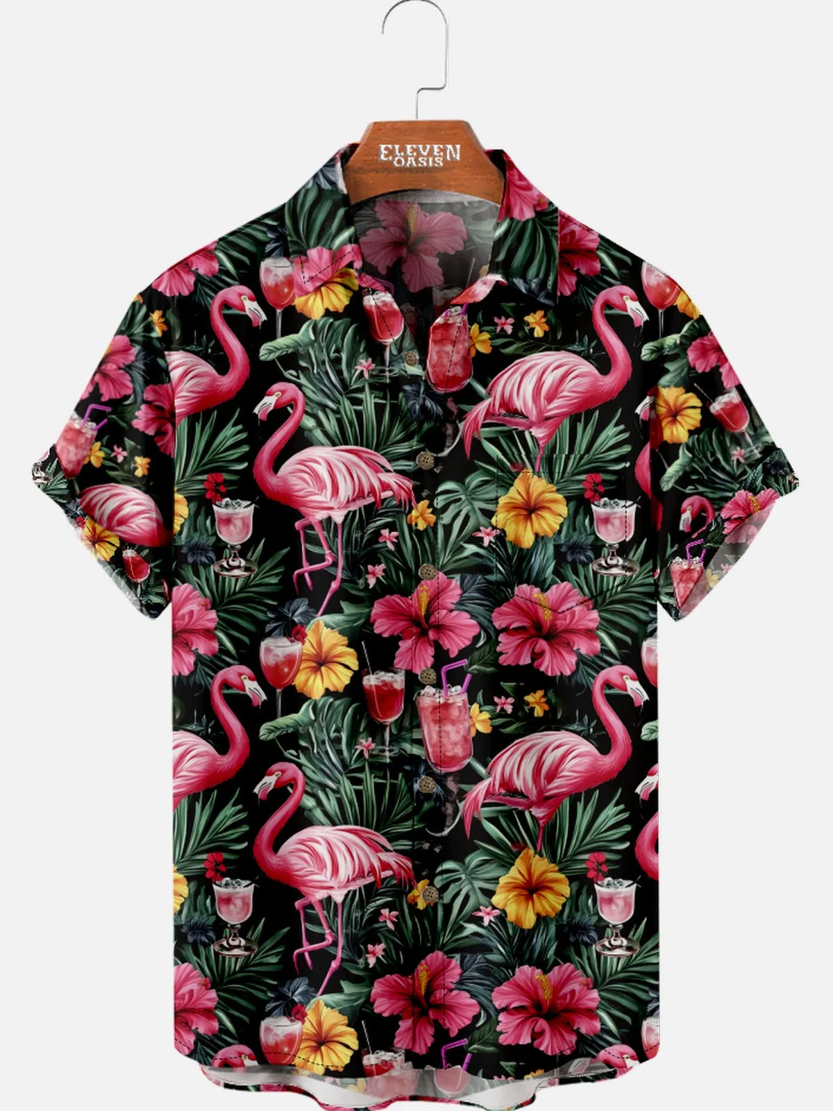 Men's Flamingo Tiki Bar Hawaiian Short Sleeve Shirt sold by Eleven Oasis