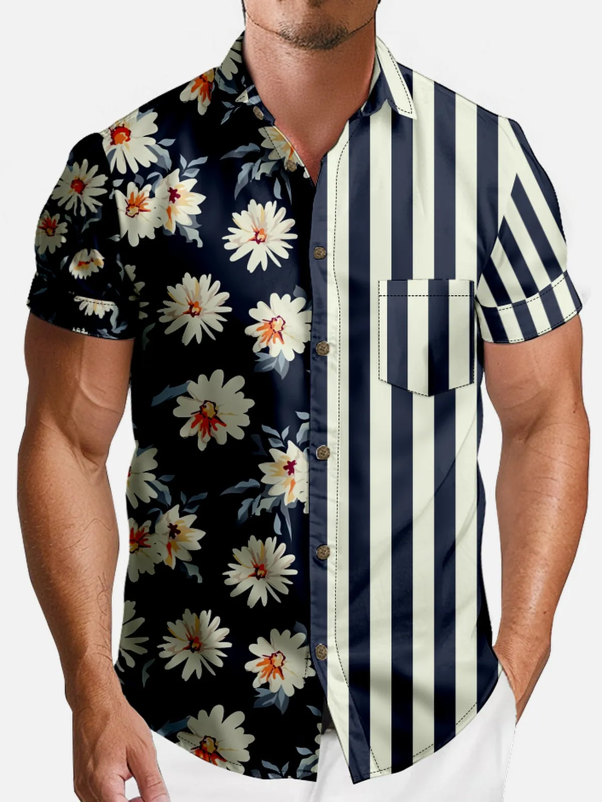 Men's Hibiscus Stripe Panel Hawaiian Short Sleeve Shirt sold by Eleven Oasis product image thumbnail 3