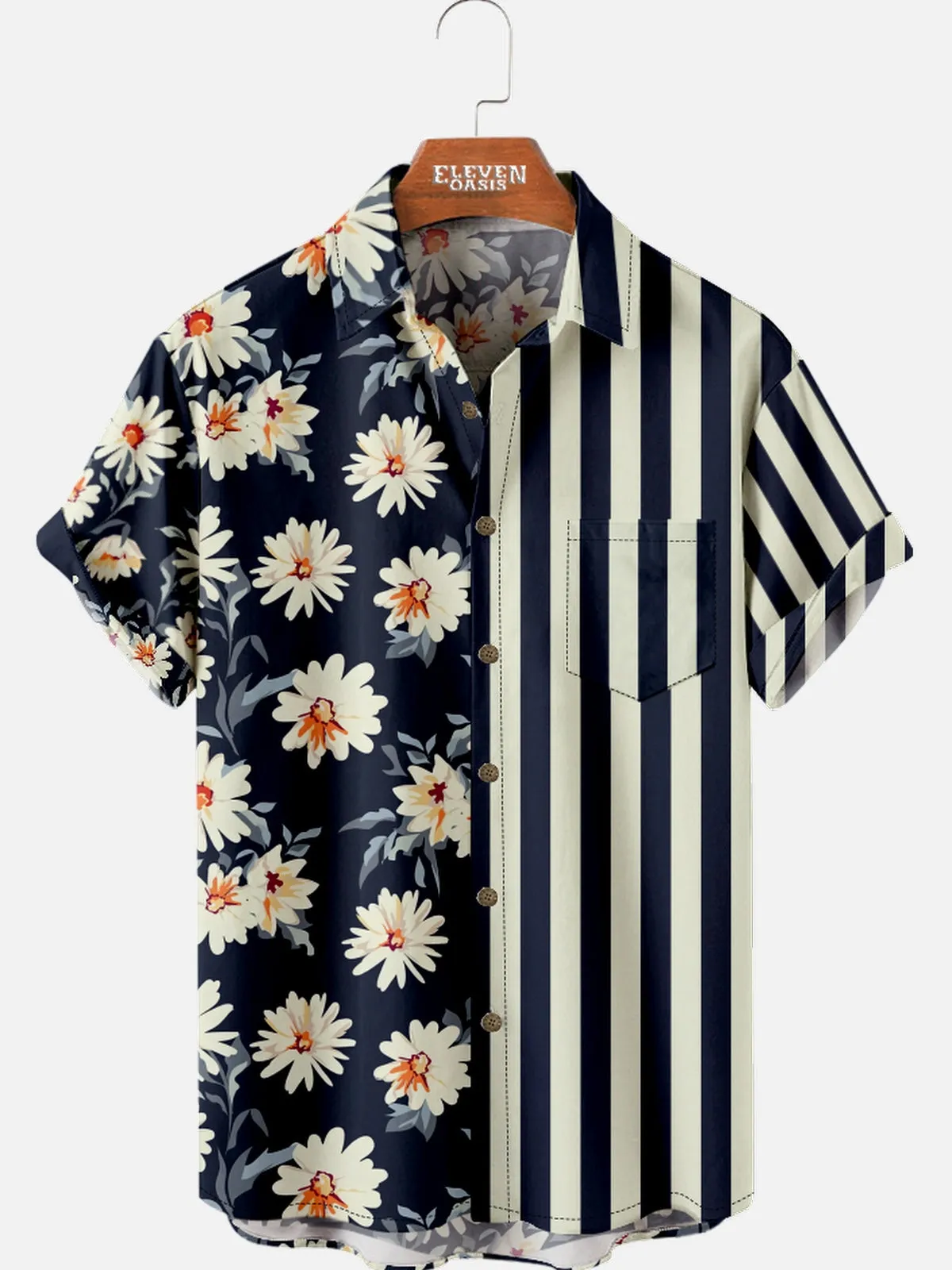 Men's Hibiscus Stripe Panel Hawaiian Short Sleeve Shirt sold by Eleven Oasis