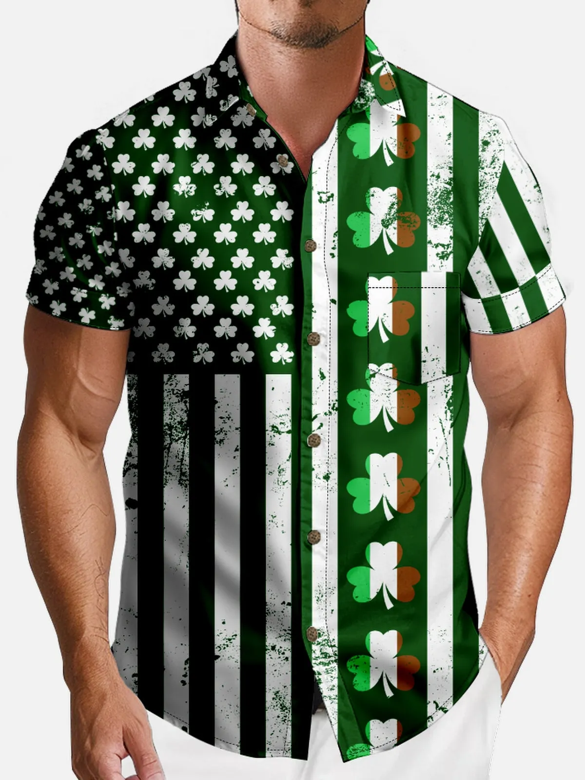 Men's St. Patrick's Day Shamrock Stripes Short Sleeve Shirt sold by Eleven Oasis product image thumbnail 3