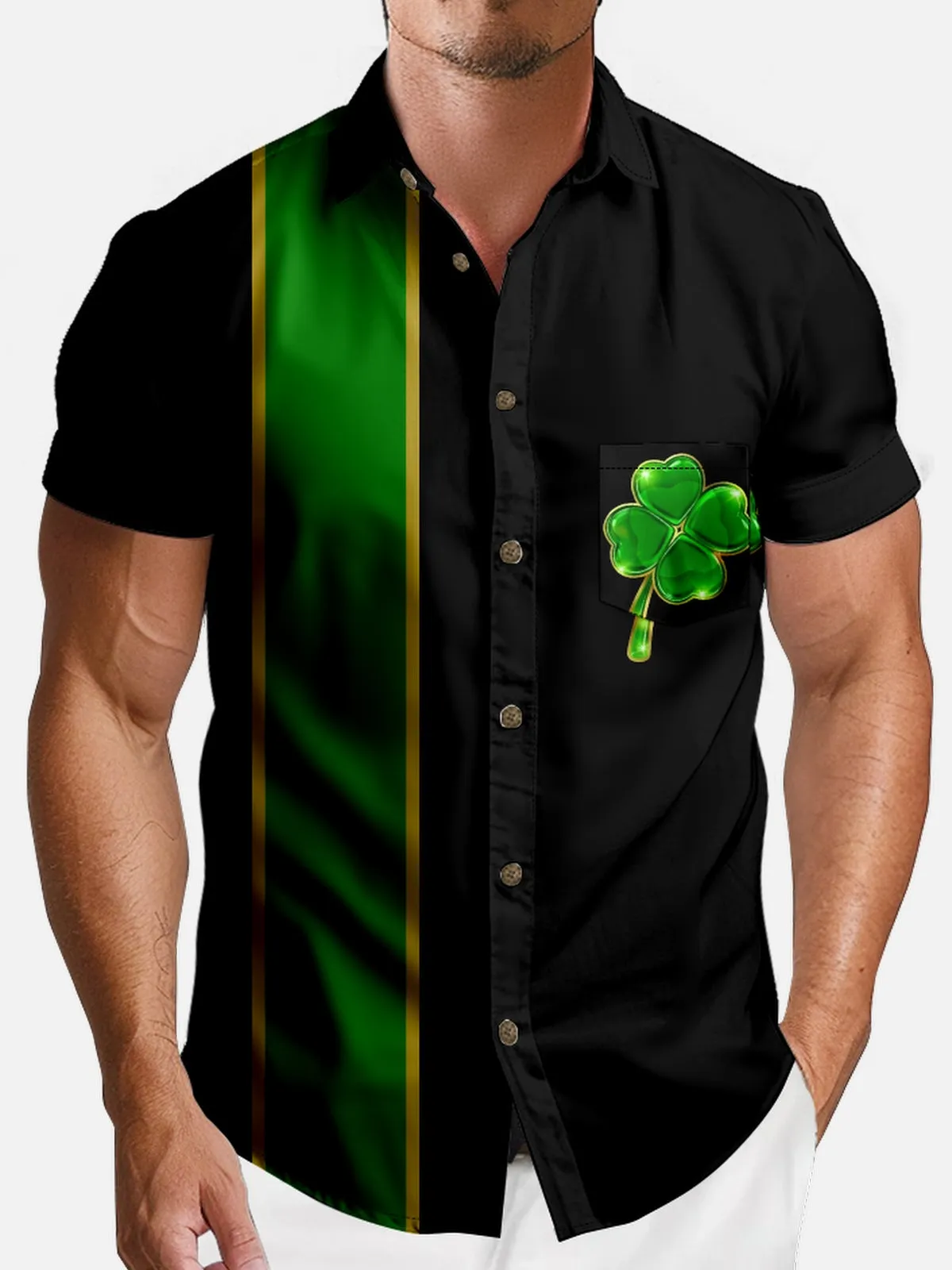 Men's St. Patrick's Day Clover Green Stripe Short Sleeve Shirt sold by Eleven Oasis product image thumbnail 3