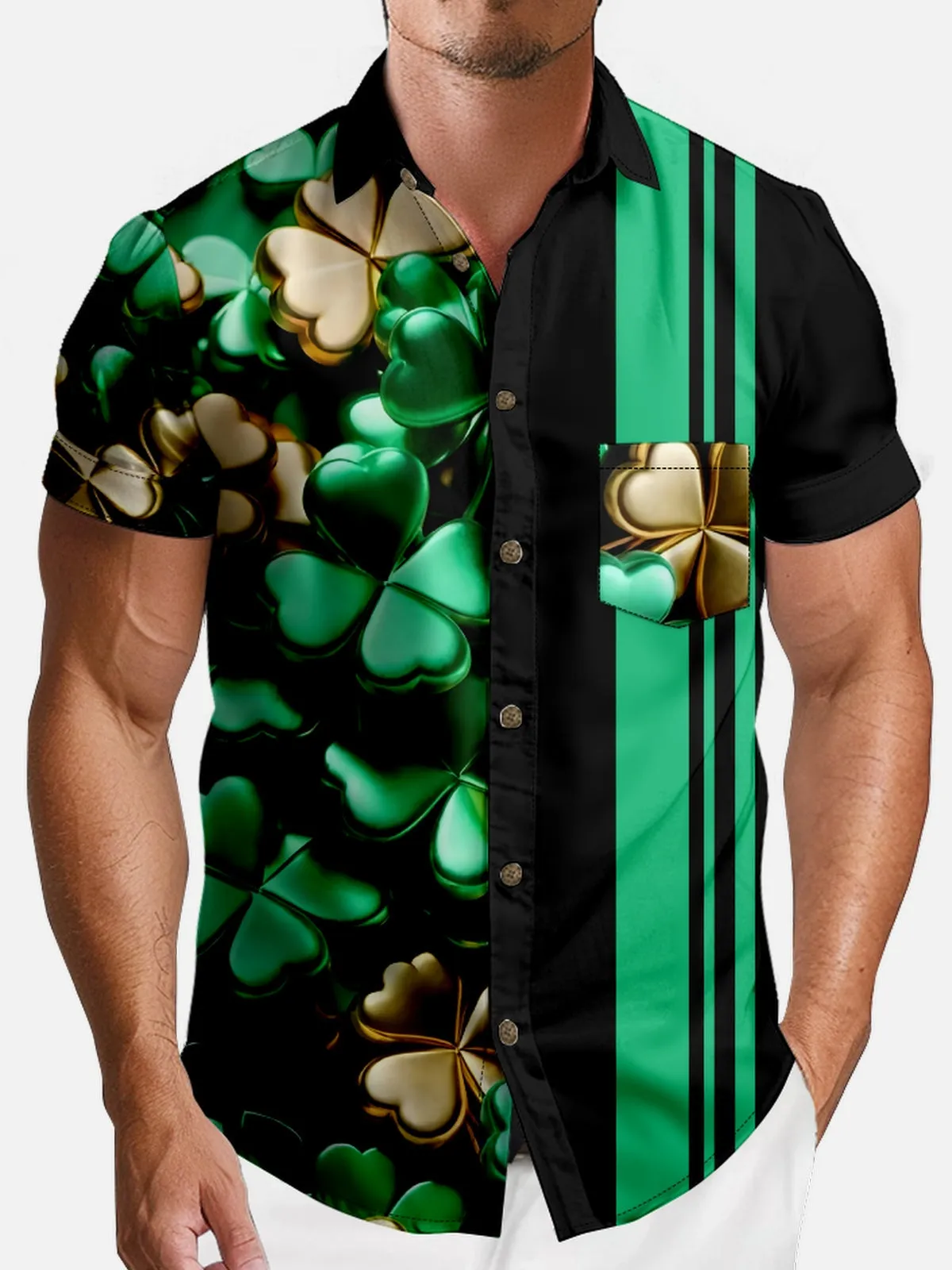 Men's Shamrock and Gold Stripe Short Sleeve Shirt sold by Eleven Oasis product image thumbnail 3