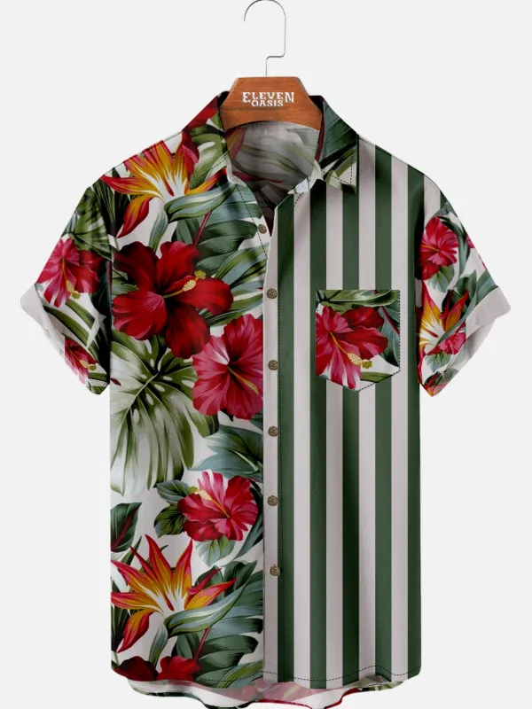 Men's Hibiscus Stripe Panel Hawaiian Short Sleeve Shirt sold by Eleven Oasis