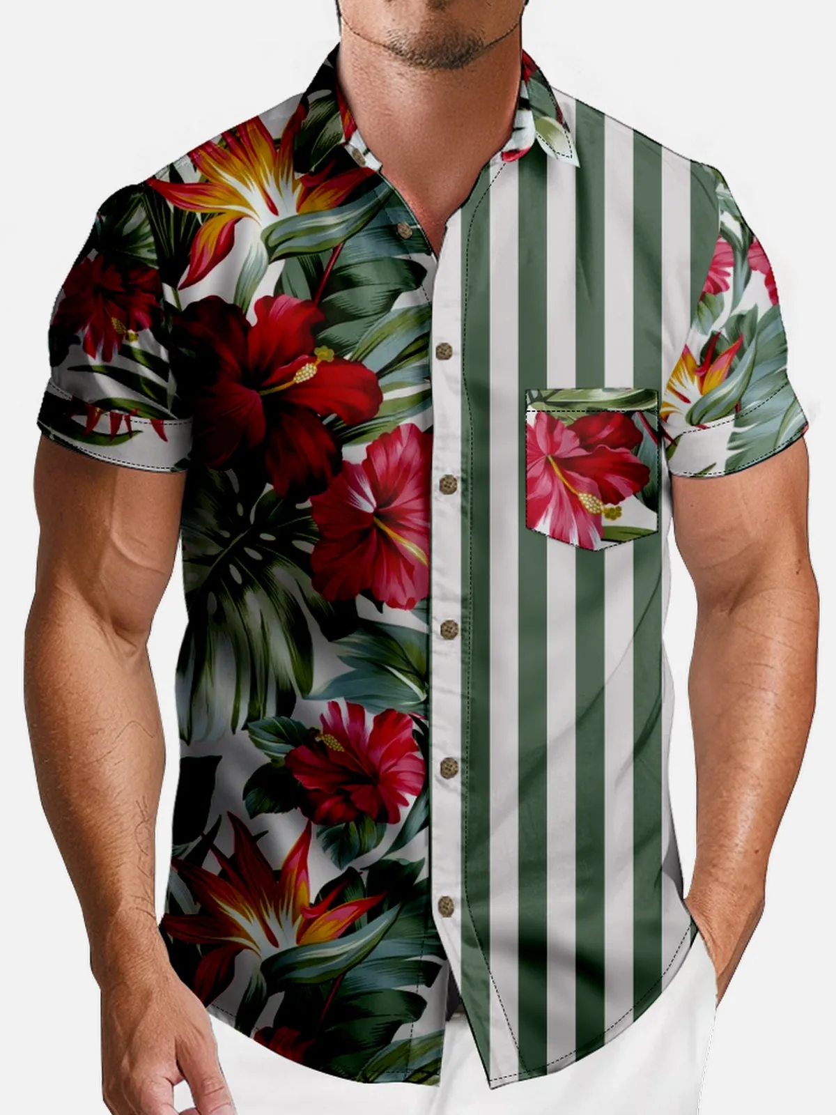 Men's Hibiscus Stripe Panel Hawaiian Short Sleeve Shirt sold by Eleven Oasis product image thumbnail 3