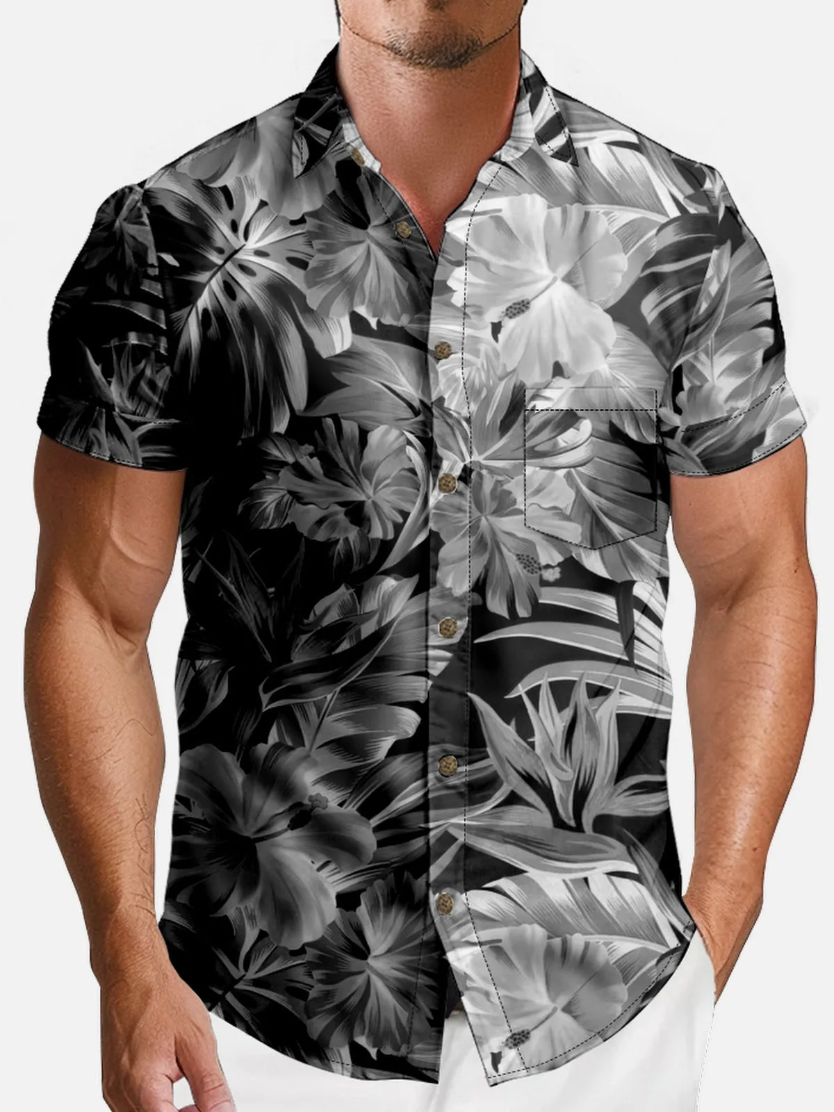 Men's Monochrome Tropical Floral Short Sleeve Shirt sold by Eleven Oasis product image thumbnail 3