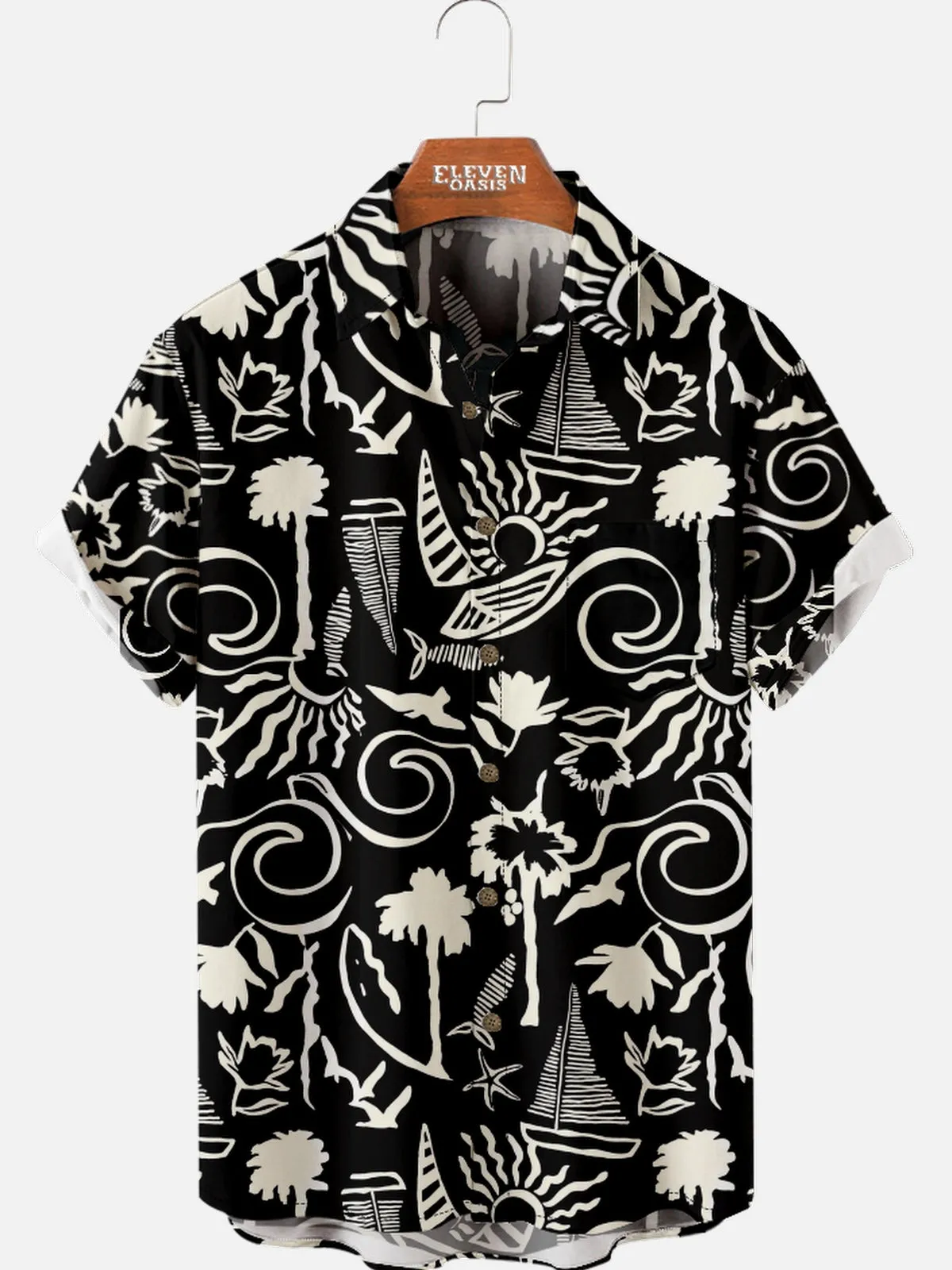 Men's Black and White Tropical Hawaiian Short Sleeve Shirt sold by Eleven Oasis