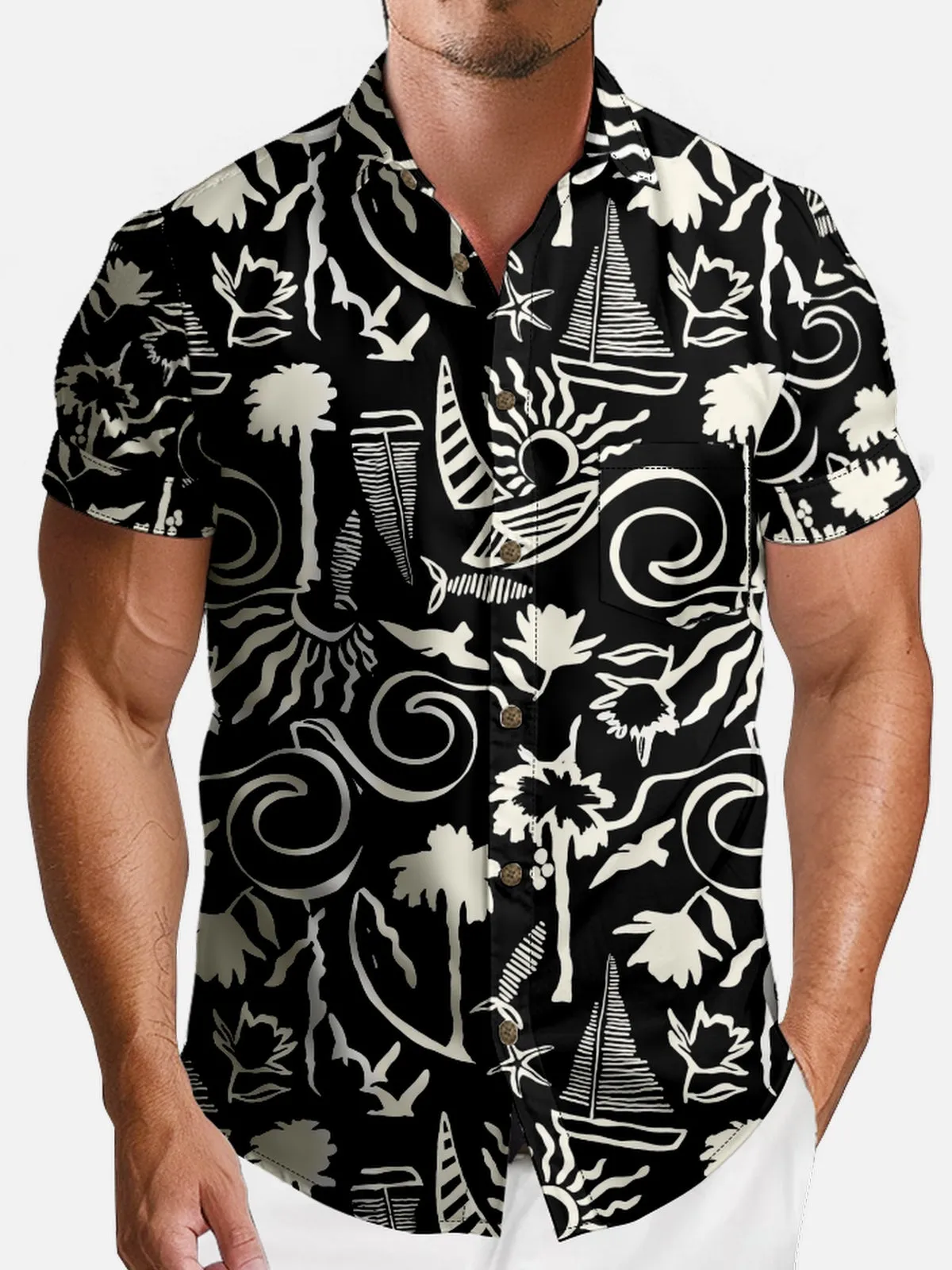 Men's Black and White Tropical Hawaiian Short Sleeve Shirt sold by Eleven Oasis product image thumbnail 3