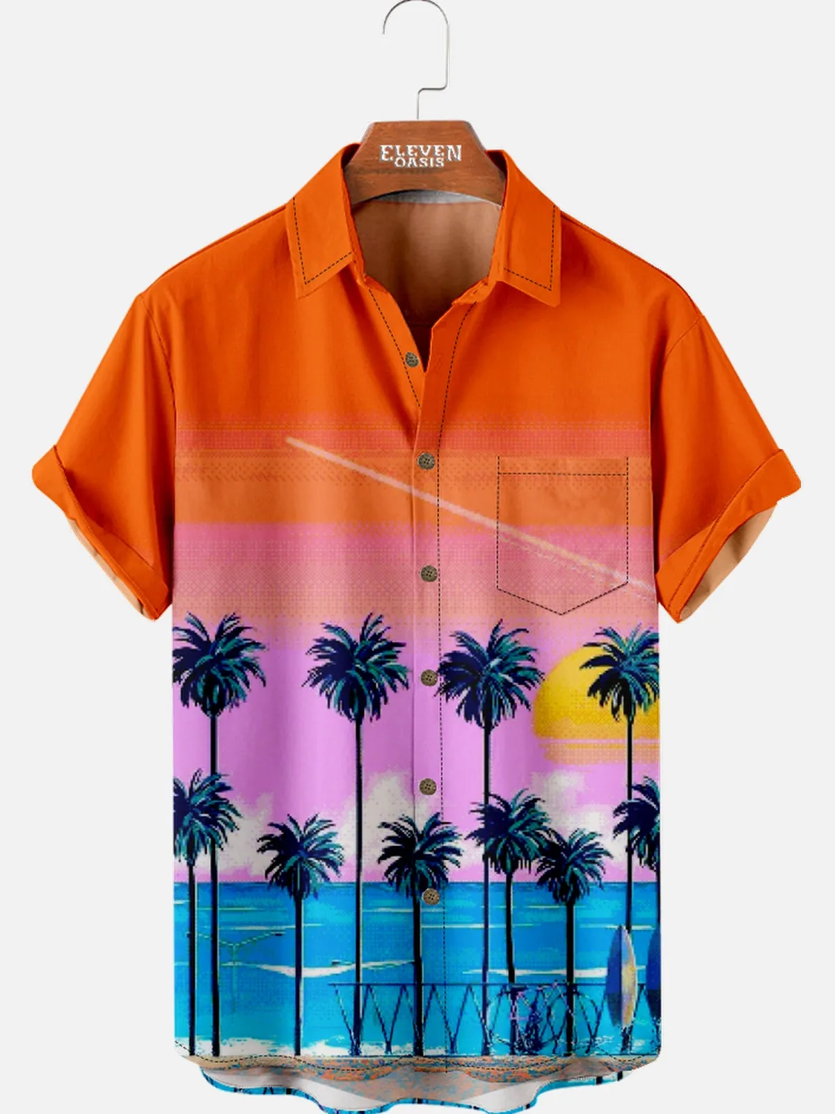 Men's Sunset Beach Palm Hawaiian Short Sleeve Shirt sold by Eleven Oasis