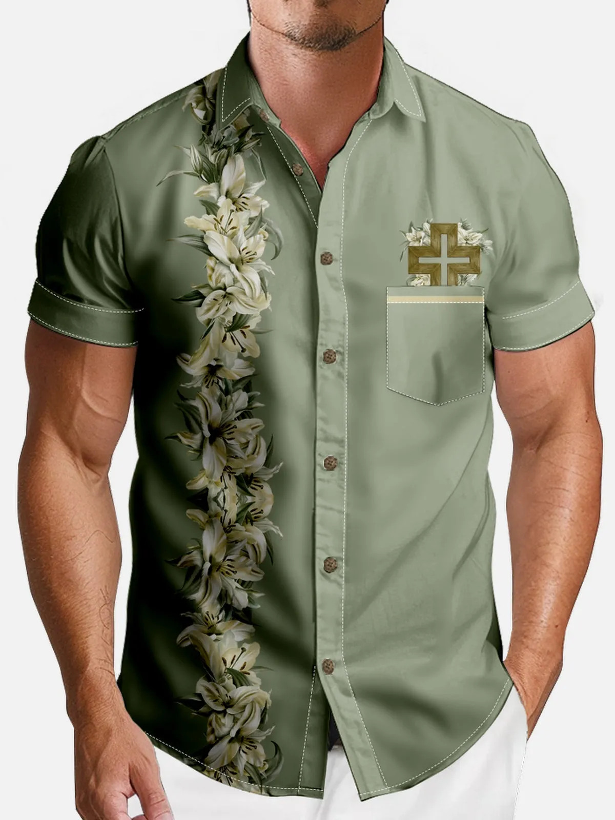 Men's Easter Lily Cross Short Sleeve Shirt sold by Eleven Oasis product image thumbnail 3