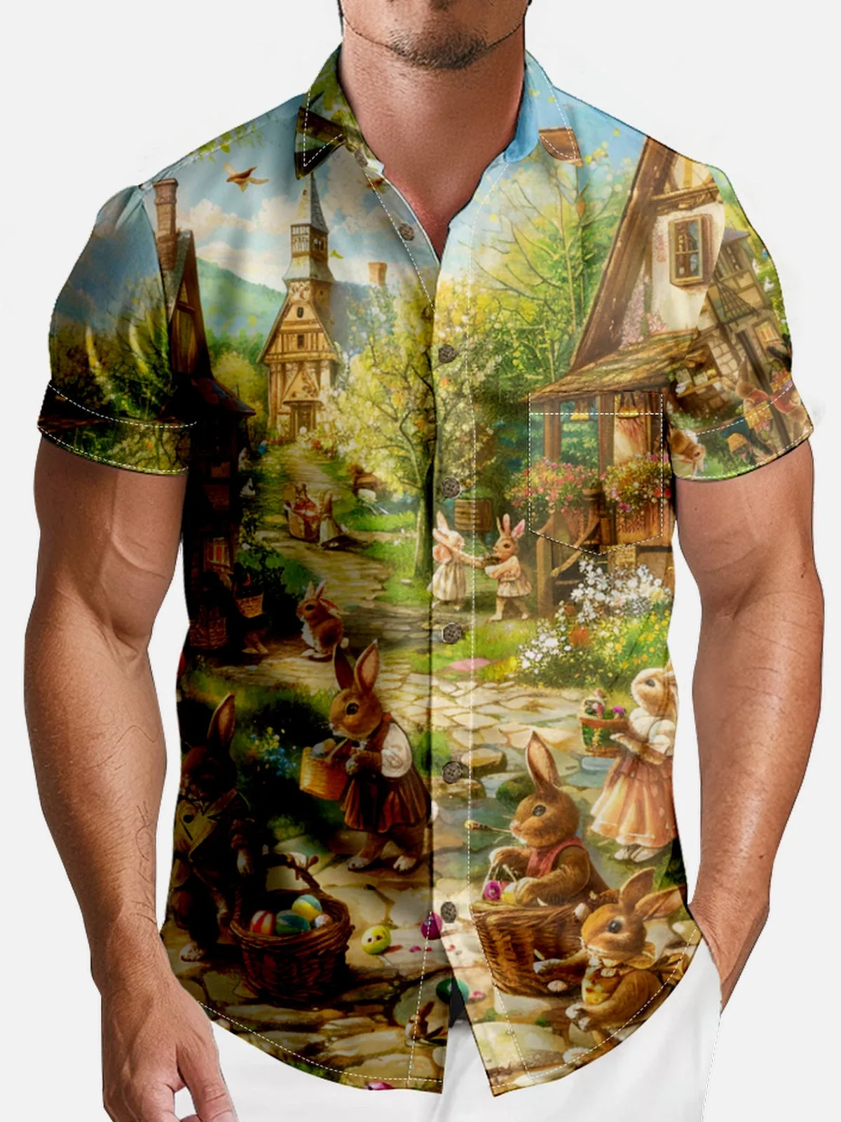 Men's Easter Bunny Village Short Sleeve Shirt sold by Eleven Oasis product image thumbnail 3