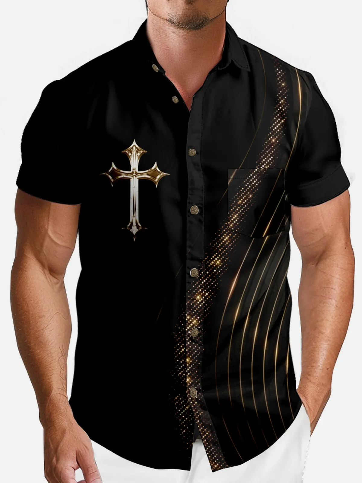 Men's Black Cross and Gold Lines Short Sleeve Shirt sold by Eleven Oasis product image thumbnail 3