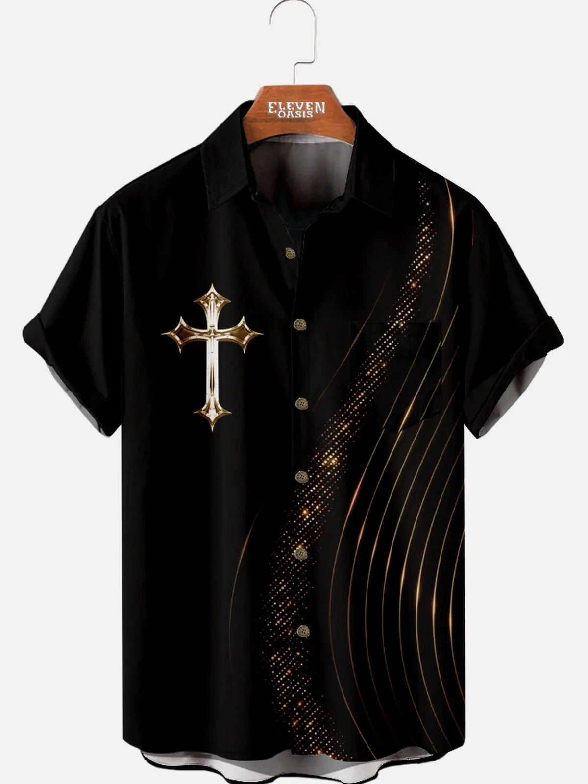 Men's Black Cross and Gold Lines Short Sleeve Shirt sold by Eleven Oasis
