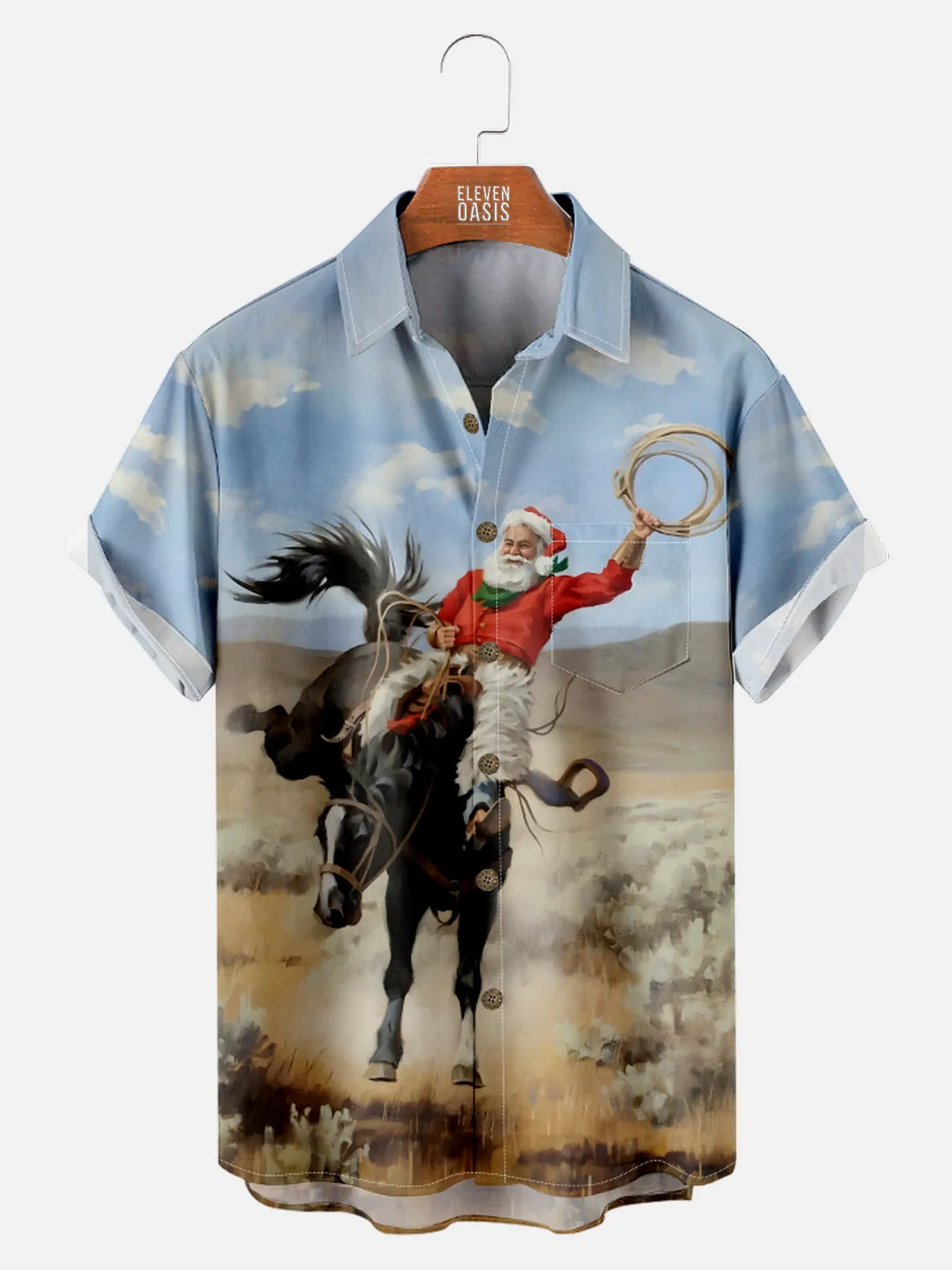 Men's Santa Cowboy Christmas Short Sleeve Shirt sold by Eleven Oasis