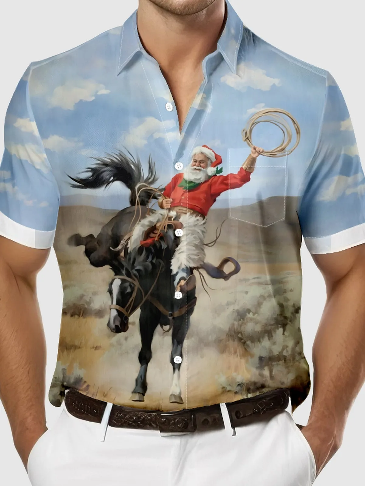 Men's Santa Cowboy Christmas Short Sleeve Shirt sold by Eleven Oasis product image thumbnail 3