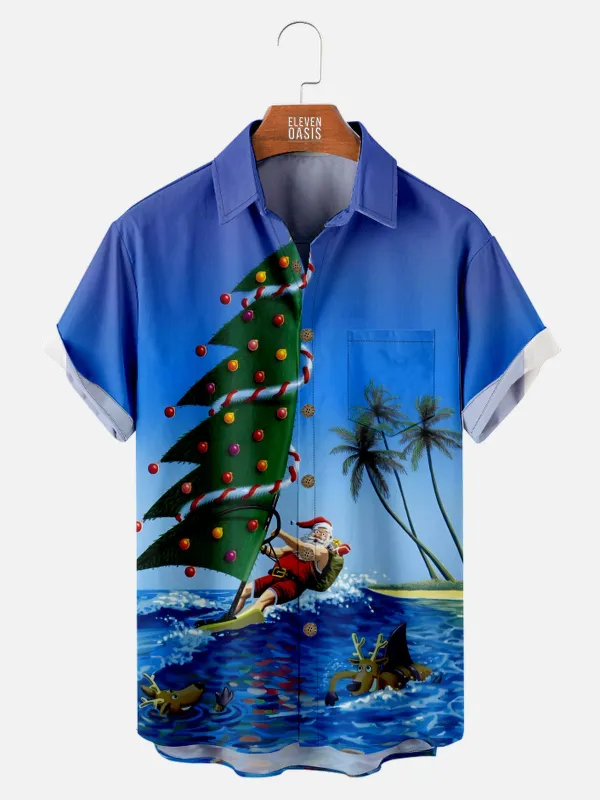 Men's Christmas Santa Surfing Short Sleeve Shirt sold by Eleven Oasis