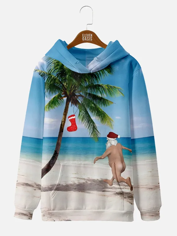 Naked Santa Running on the Beach to a Christmas Stocking Palm Tree Hoodie sold by Eleven Oasis