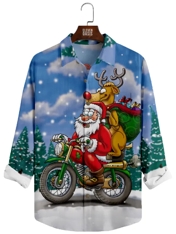 Men's Christmas Santa Riding Motorcycle Long Sleeve Shirt sold by Eleven Oasis