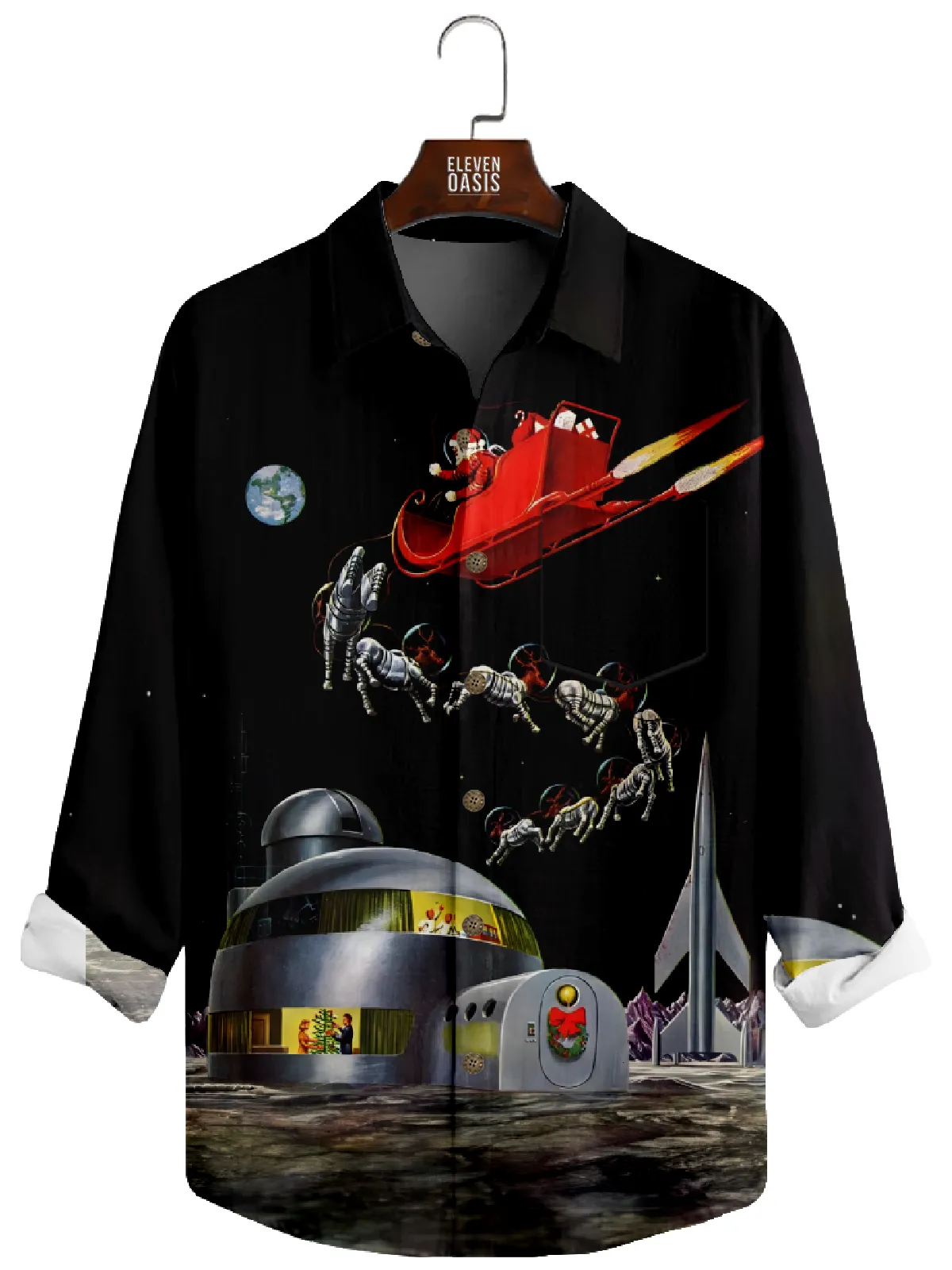 Men's Christmas Futuristic Santa in Space Long Sleeve Shirt sold by Eleven Oasis