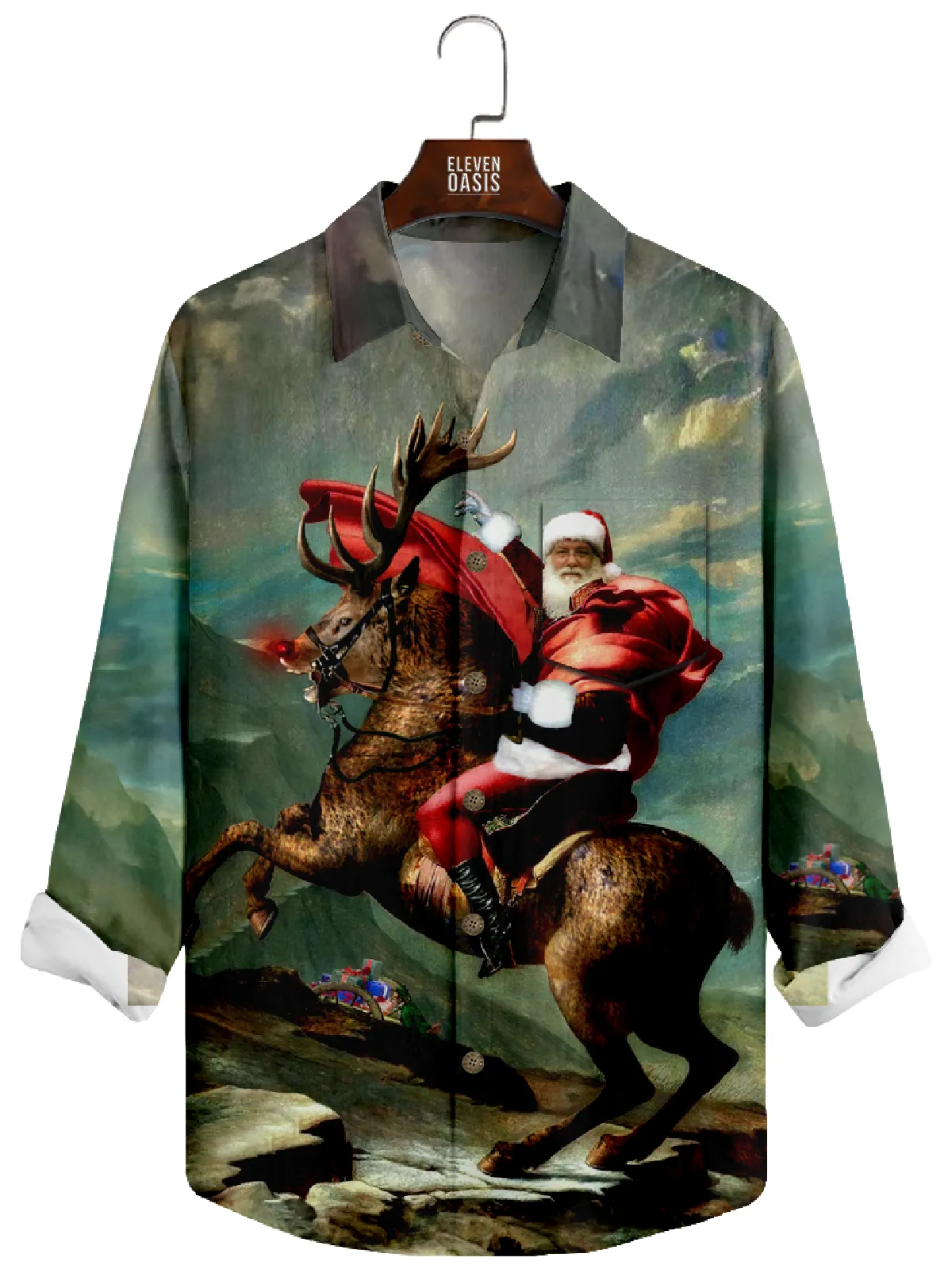 Men's Santa on Reindeer Steed Christmas Long Sleeve Shirt sold by Eleven Oasis