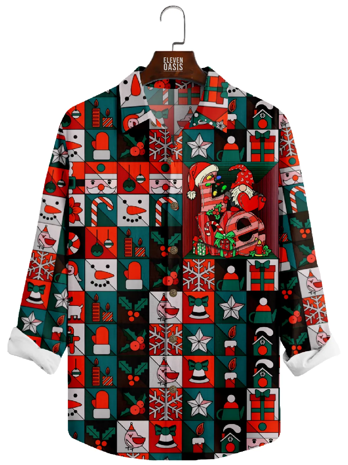 Men's Gnome Love Christmas Patchwork Long Sleeve Shirt sold by Eleven Oasis