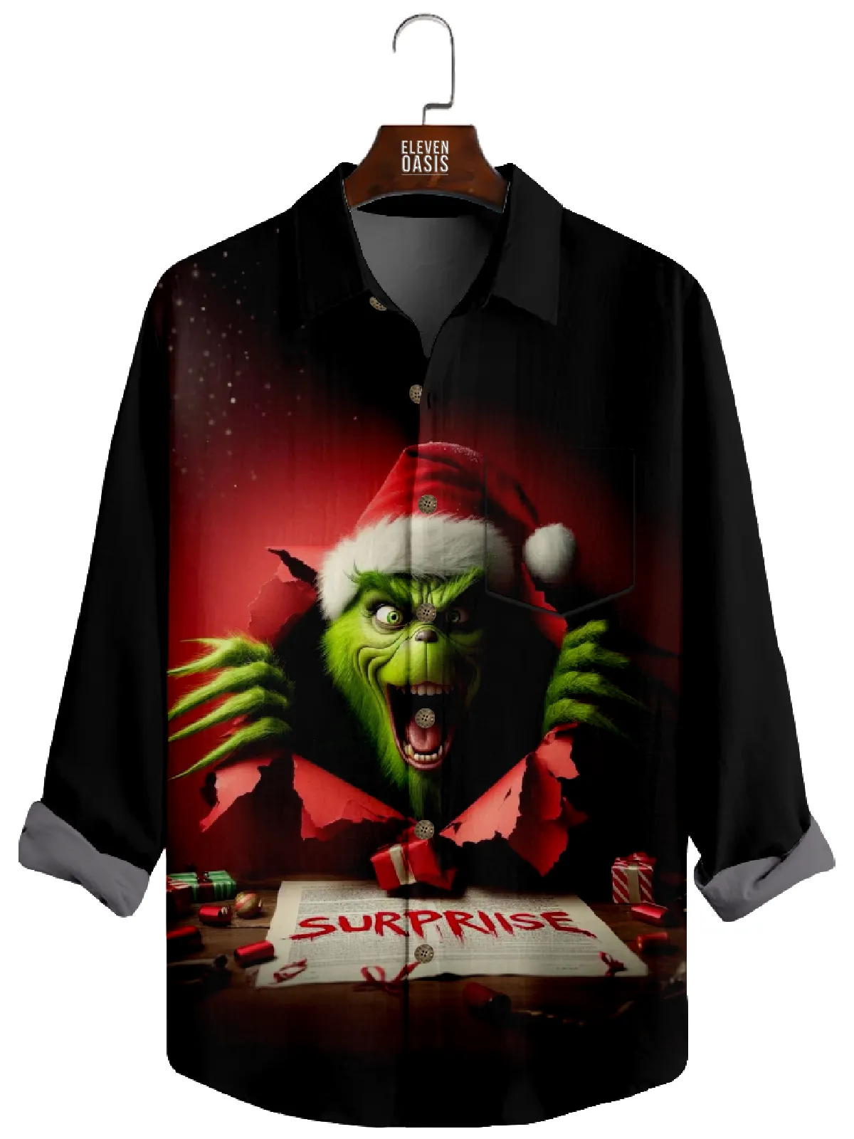 Men's Christmas Grinch Surprise Long Sleeve Shirt sold by Eleven Oasis