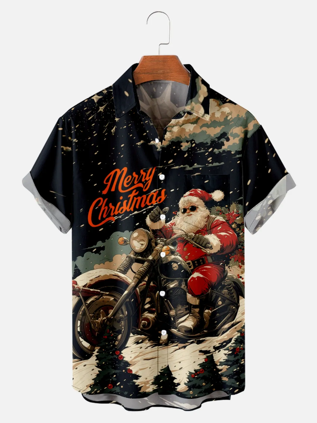 Men's Christmas Santa Riding Motorbike Short Sleeve Shirt sold by Eleven Oasis