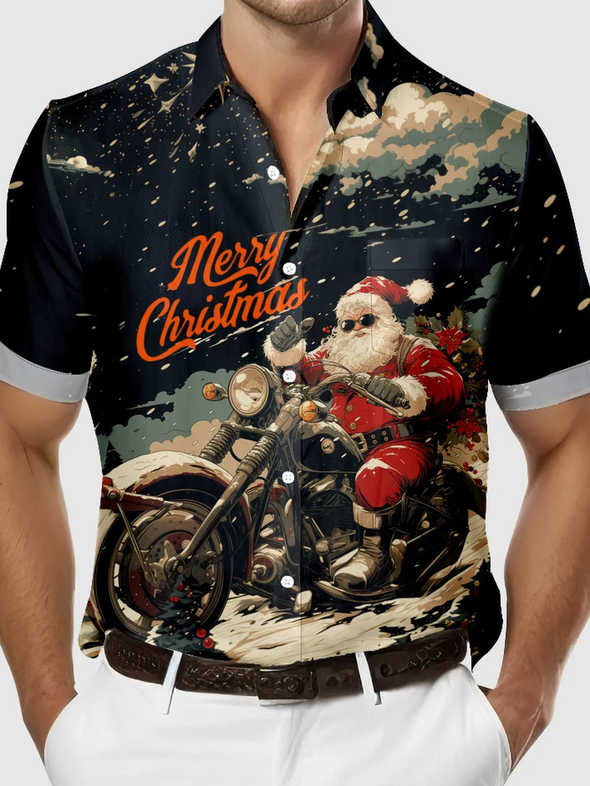 Men's Christmas Santa Riding Motorbike Short Sleeve Shirt sold by Eleven Oasis product image thumbnail 3