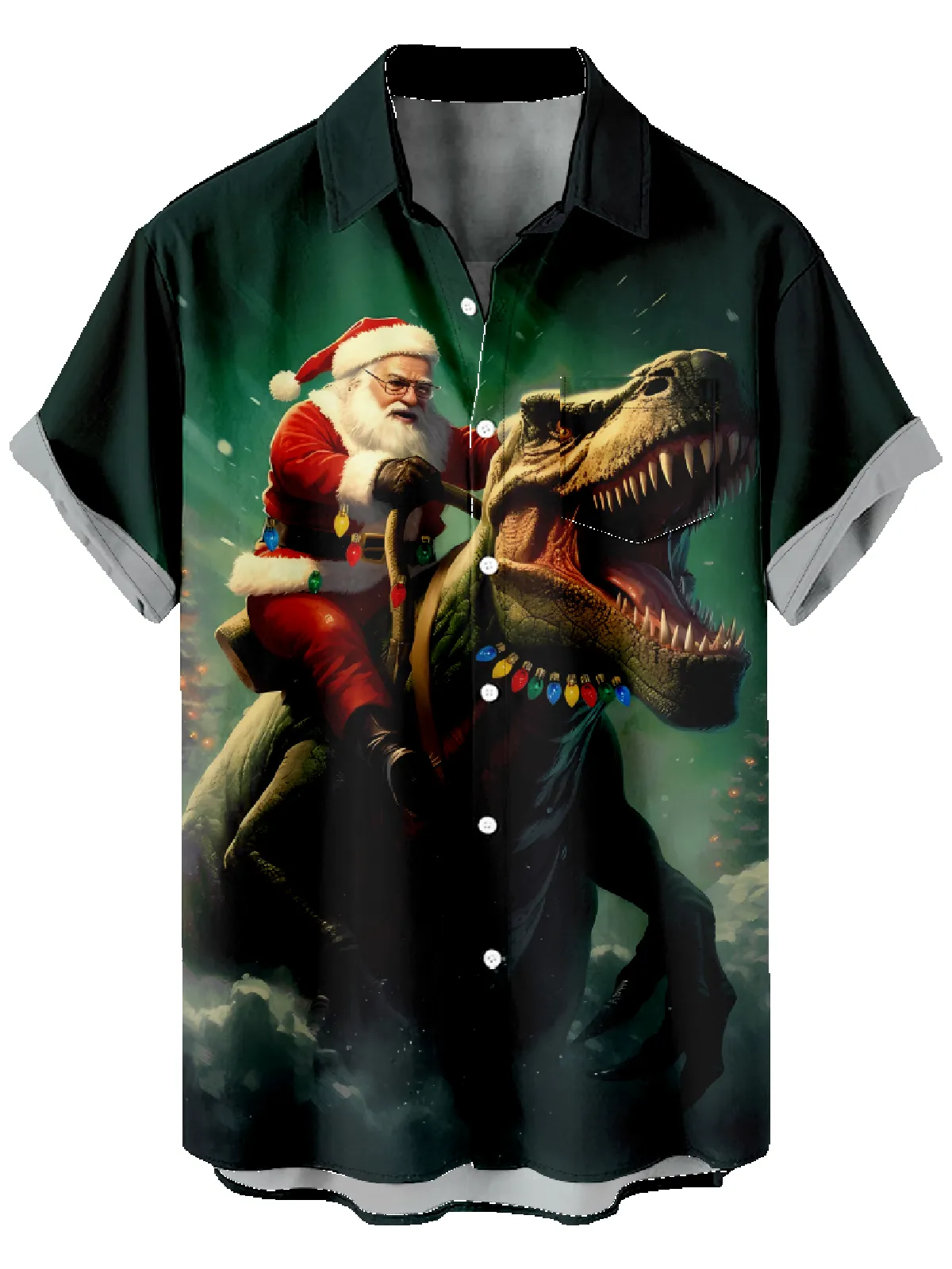 Men's Cool Santa Riding a T-Rex Short Sleeve Shirt sold by Eleven Oasis