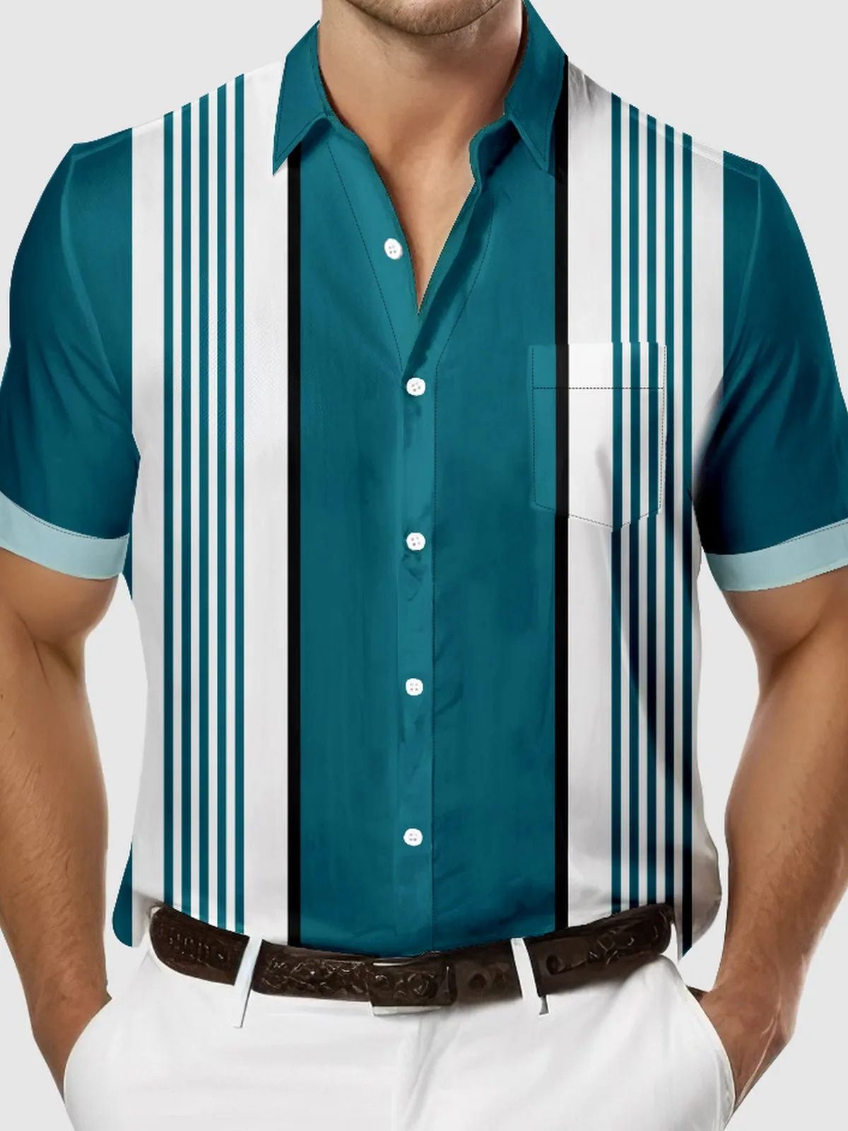 Men's Classic Striped Bowling Short Sleeve Shirt sold by Eleven Oasis product image thumbnail 3