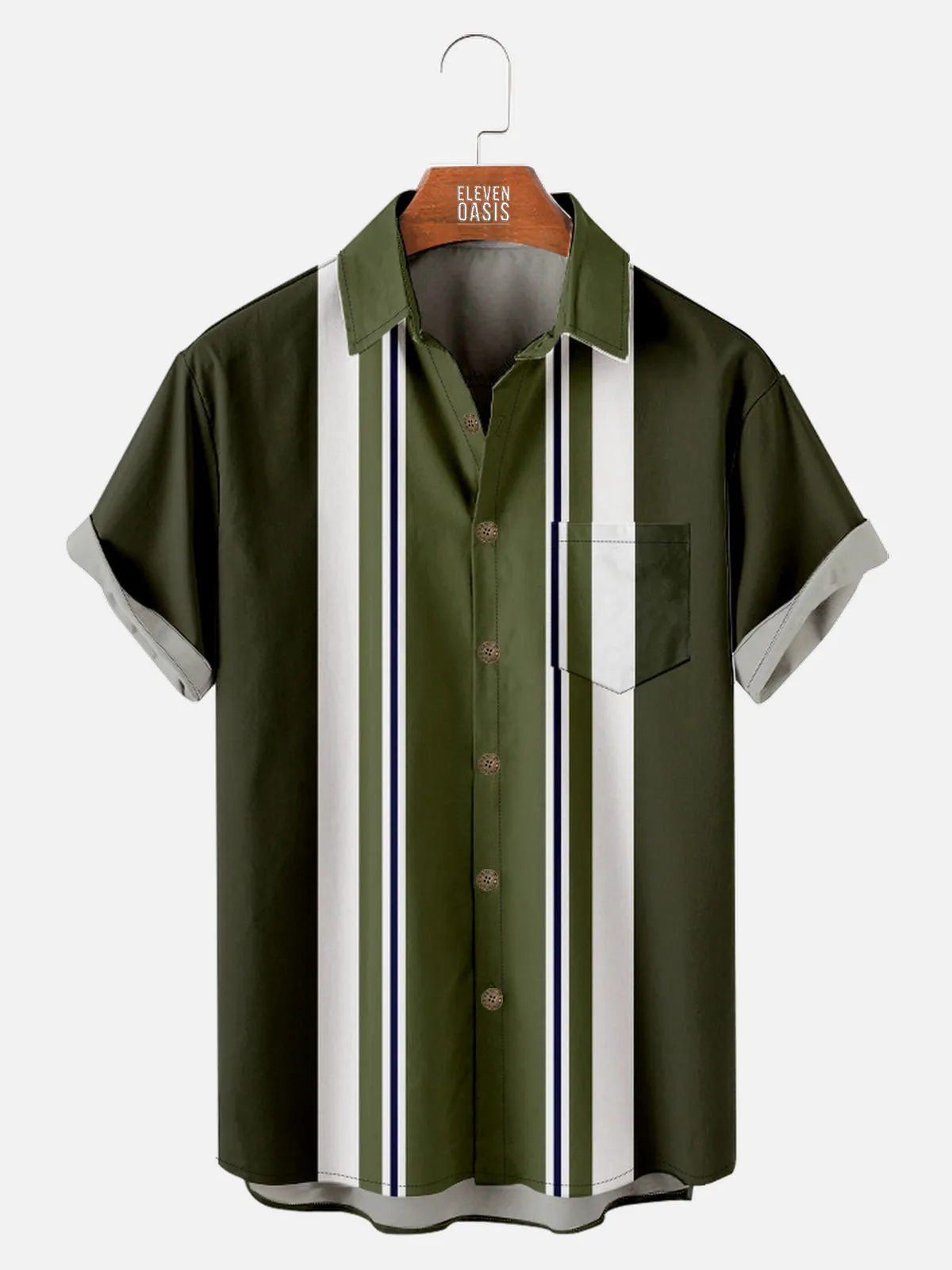 Men's Military-Inspired Striped Bowling Short Sleeve Shirt sold by Eleven Oasis