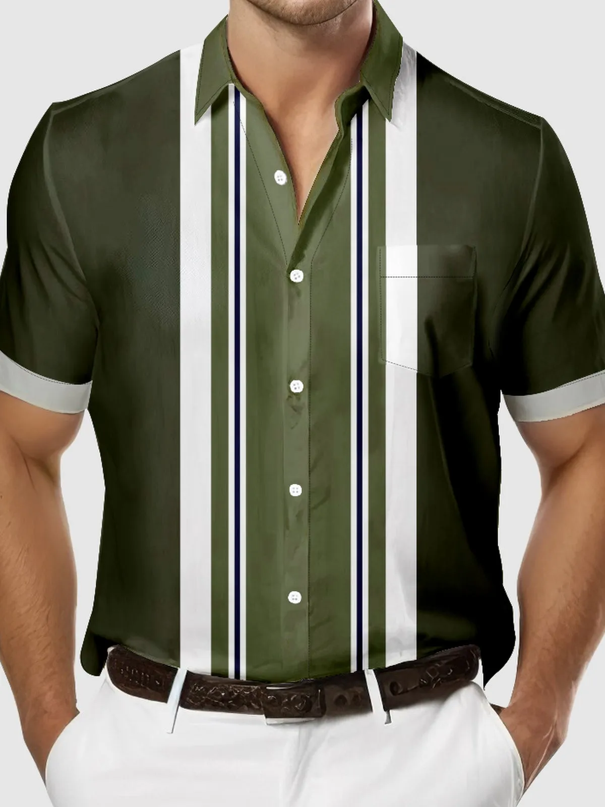 Men's Military-Inspired Striped Bowling Short Sleeve Shirt sold by Eleven Oasis product image thumbnail 3