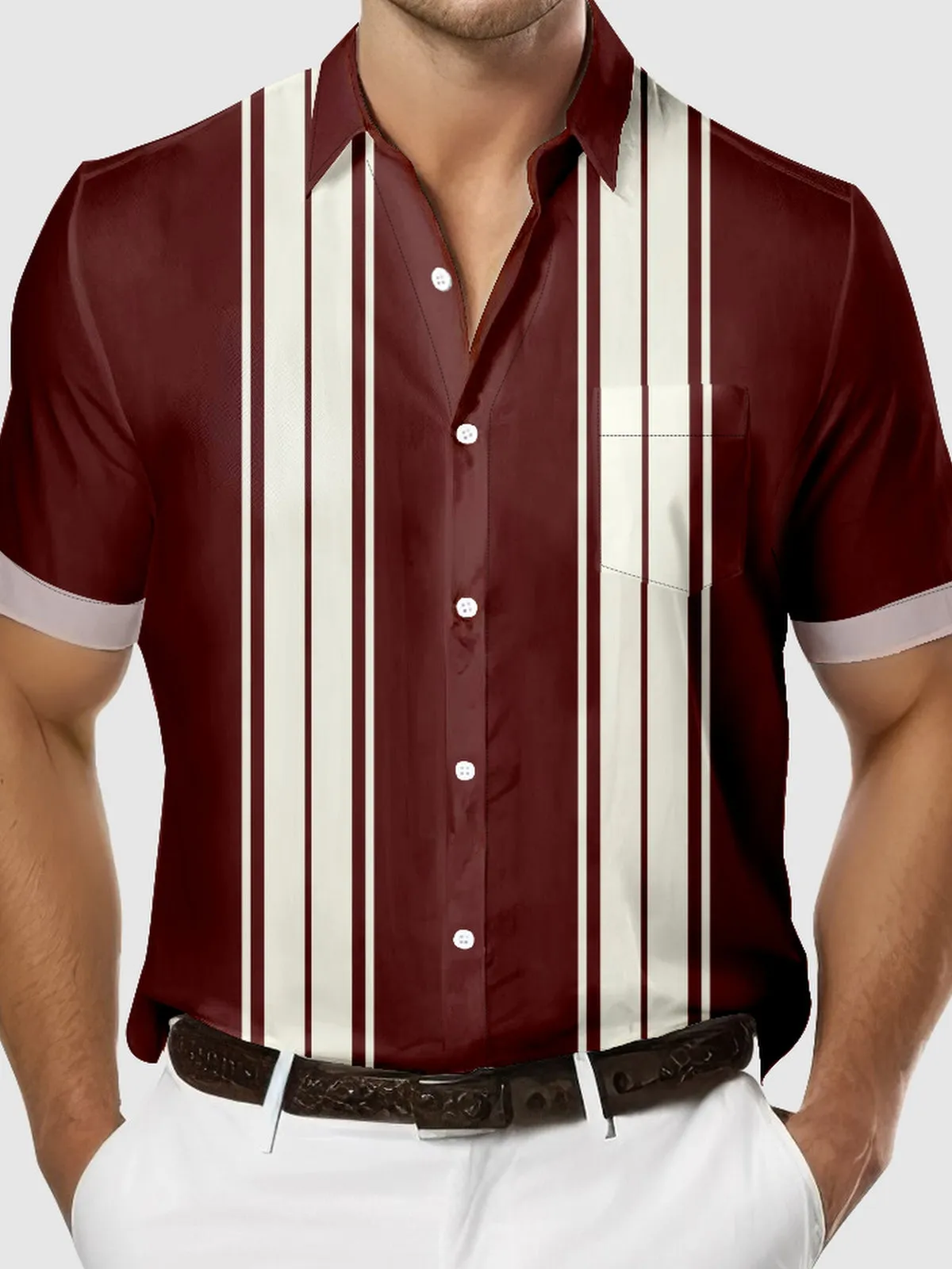 Men's Classic Striped Bowling Short Sleeve Shirt sold by Eleven Oasis product image thumbnail 3