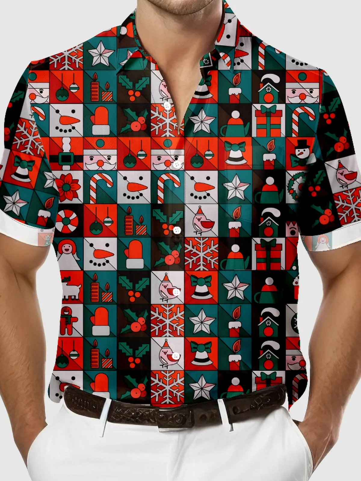 Men's Christmas Patchwork Short Sleeve Shirt sold by Eleven Oasis product image thumbnail 3