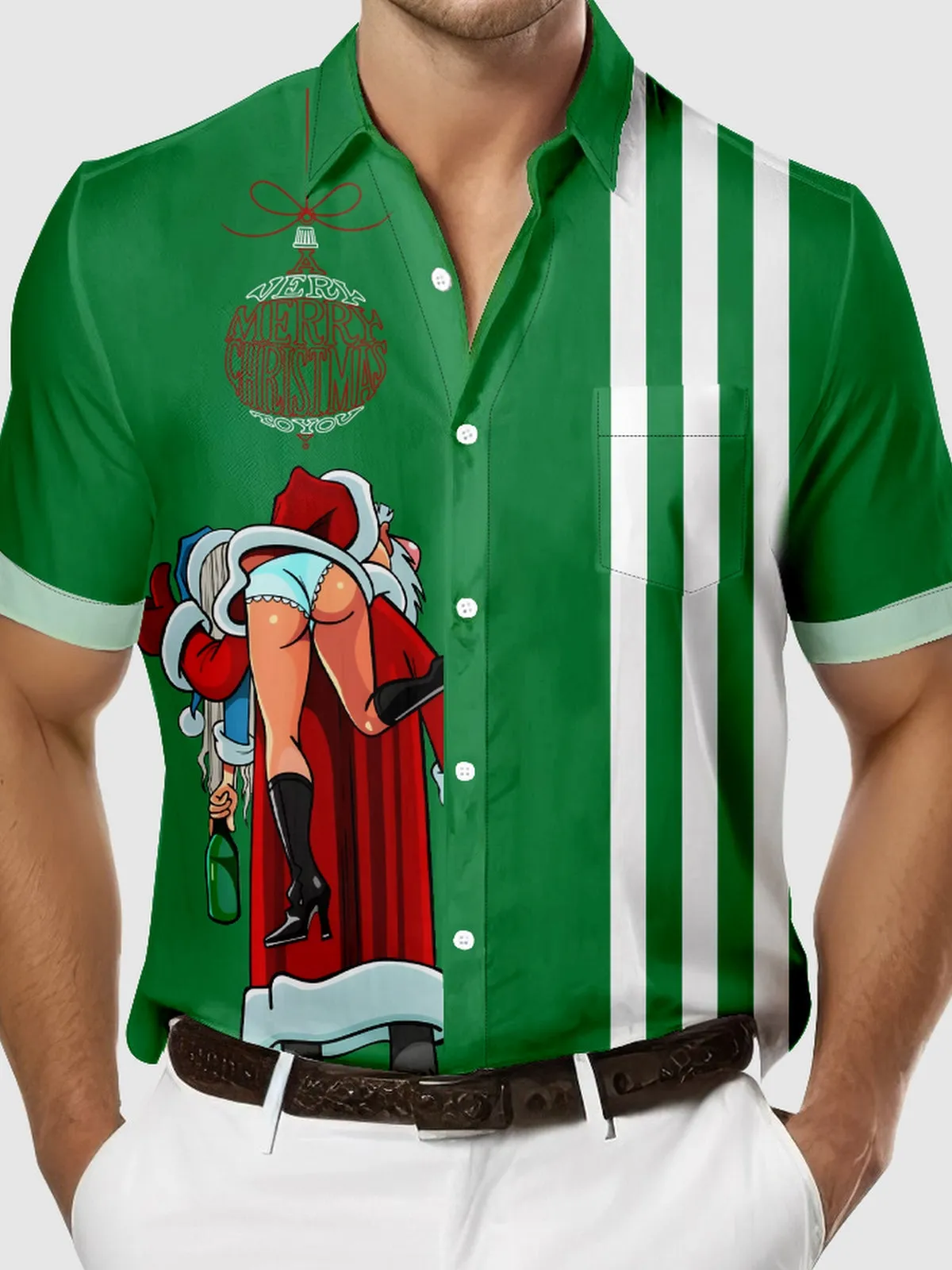 Men's Naughty Santa Christmas Bowling Short Sleeve Shirt sold by Eleven Oasis product image thumbnail 3