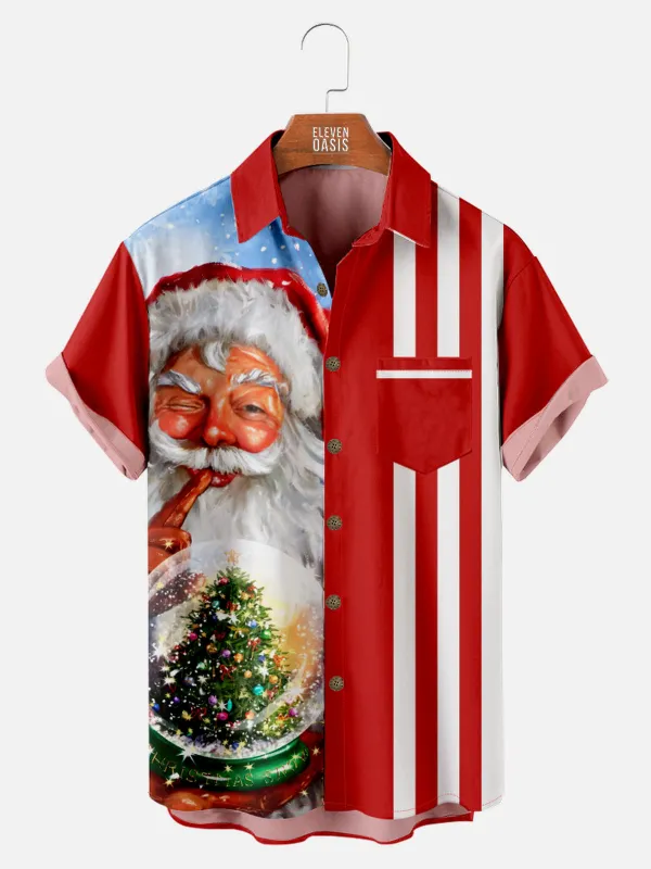 Men's Santa Holds a Christmas Snow Globe Striped Short Sleeve Shirt sold by Eleven Oasis