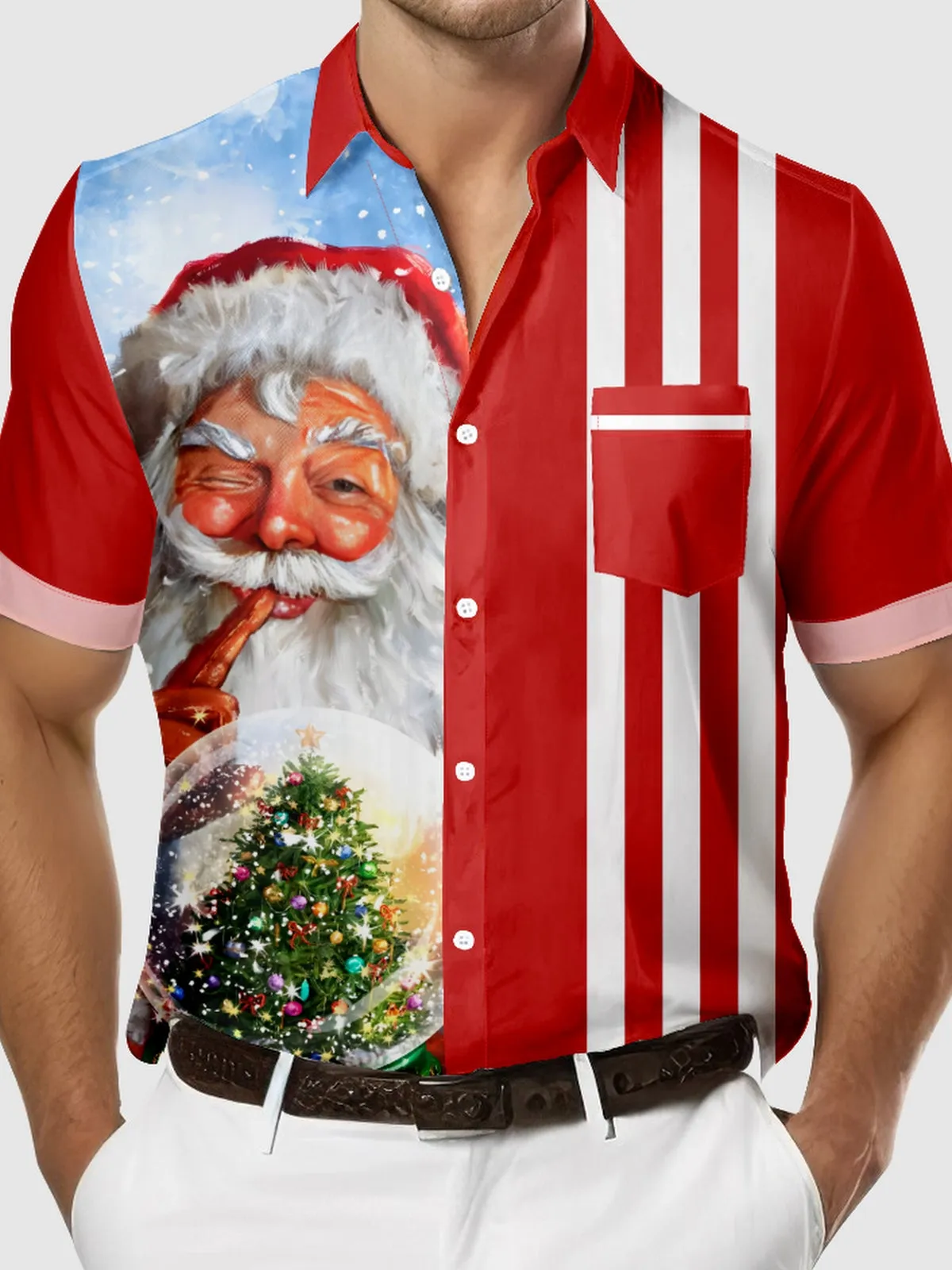 Men's Santa Holds a Christmas Snow Globe Striped Short Sleeve Shirt sold by Eleven Oasis product image thumbnail 3