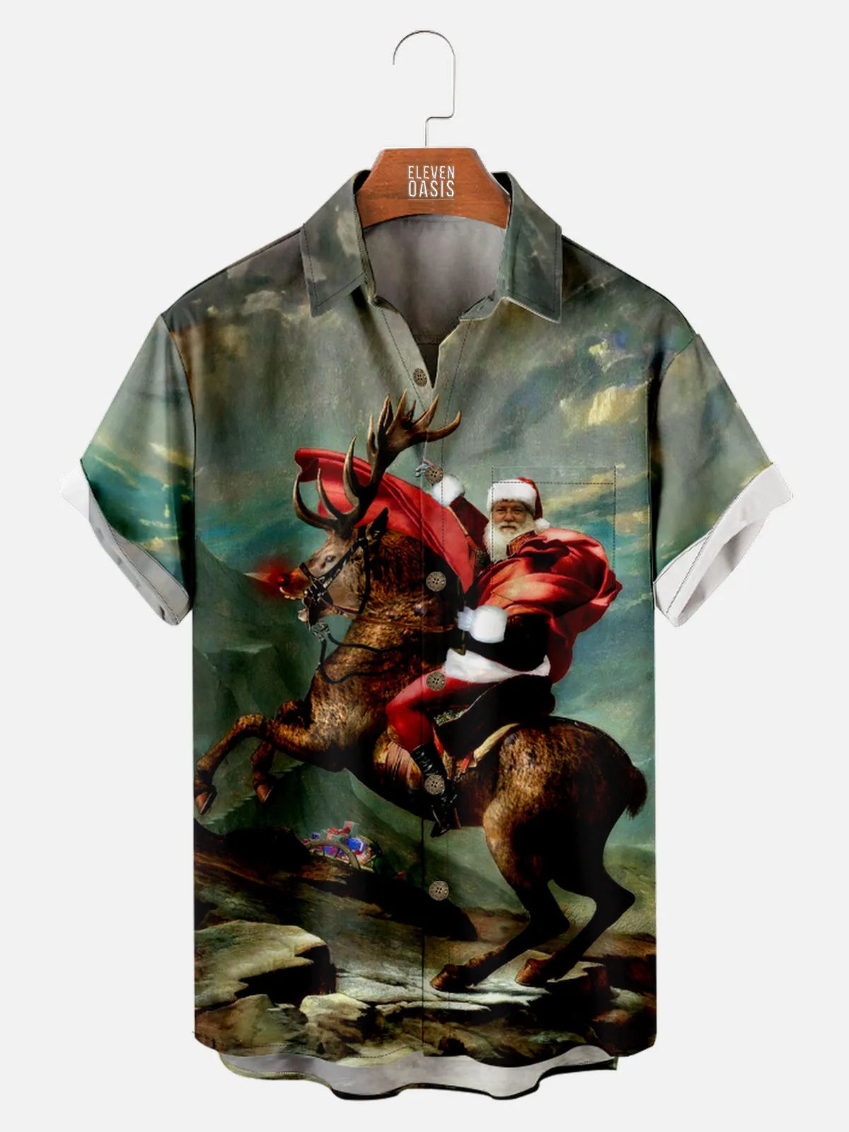 Men's Santa Riding Reindeer Christmas Short Sleeve Shirt sold by Eleven Oasis