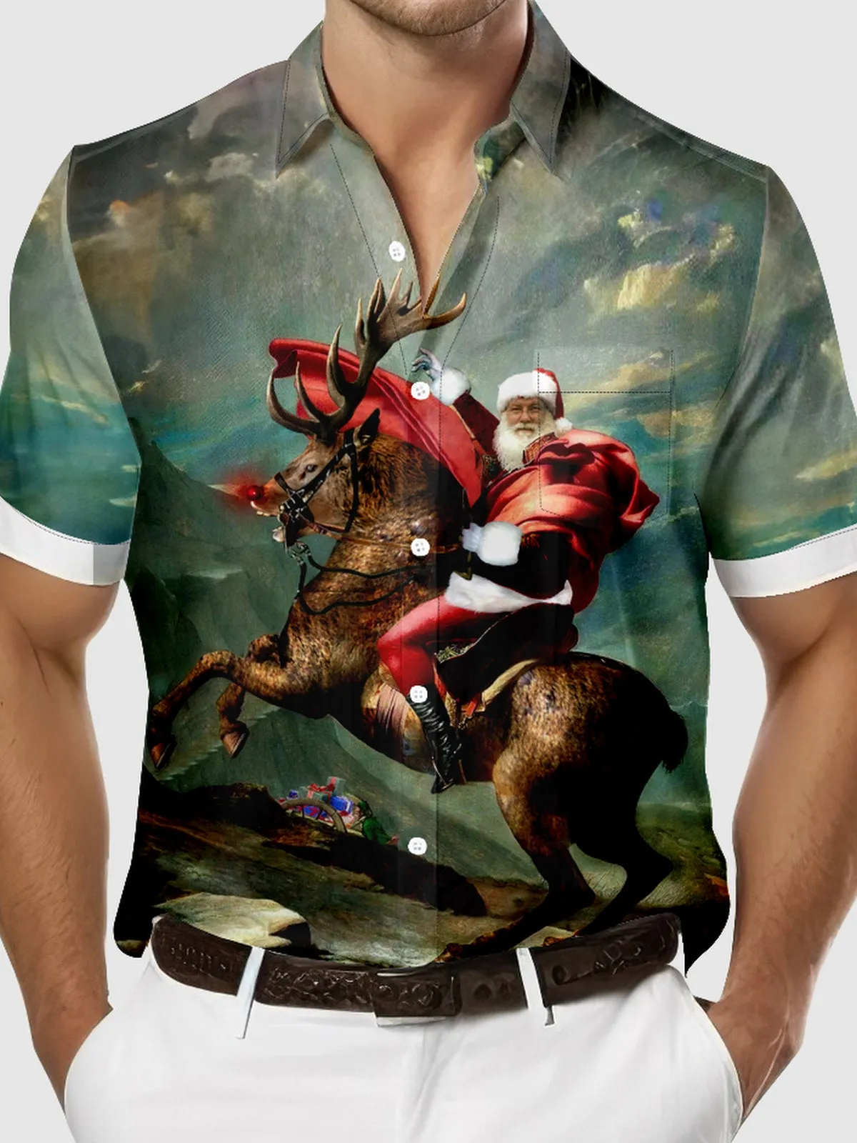 Men's Santa Riding Reindeer Christmas Short Sleeve Shirt sold by Eleven Oasis product image thumbnail 3